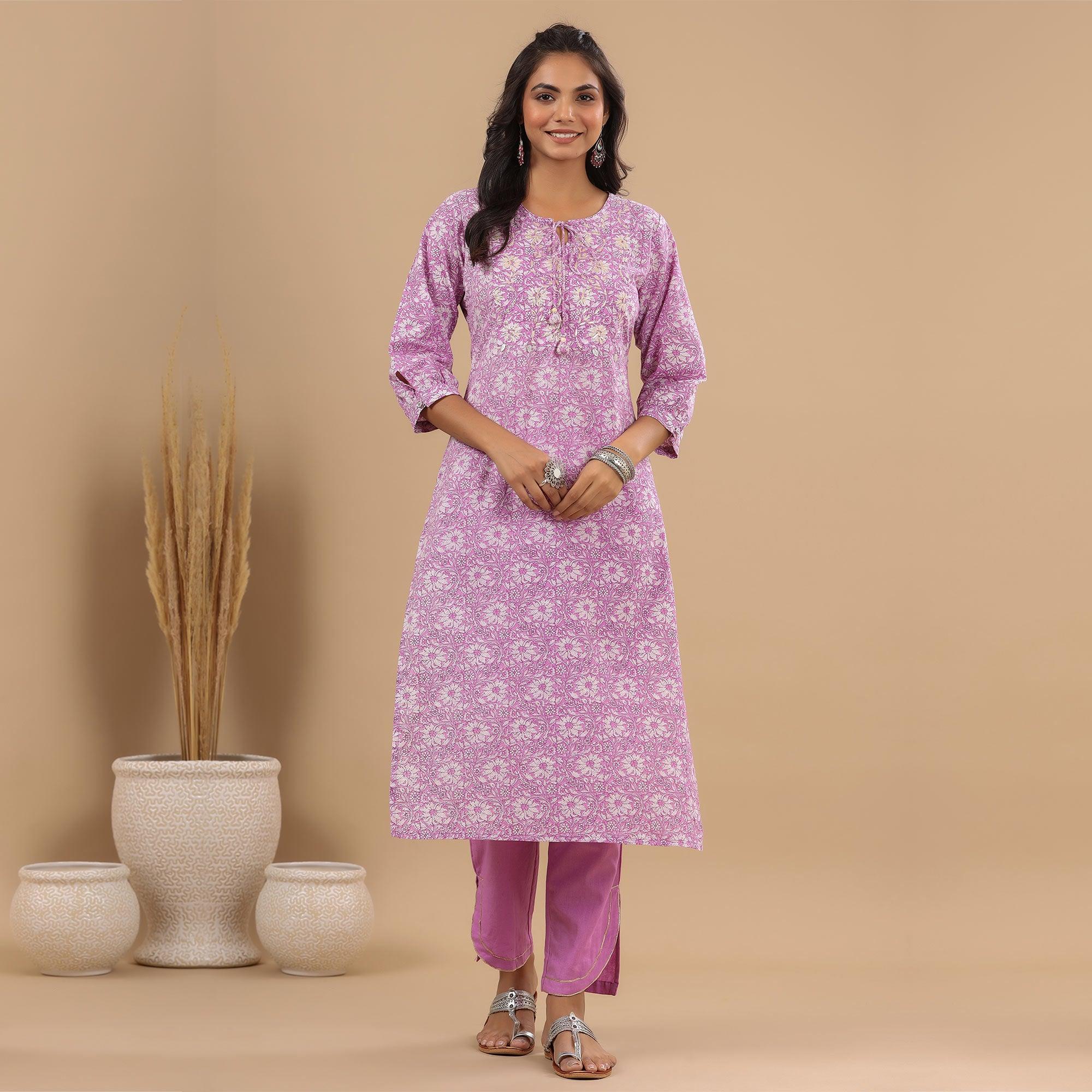 Lavender Floral Printed With Embroidered Pure Cotton Kurti Pant Set - Peachmode