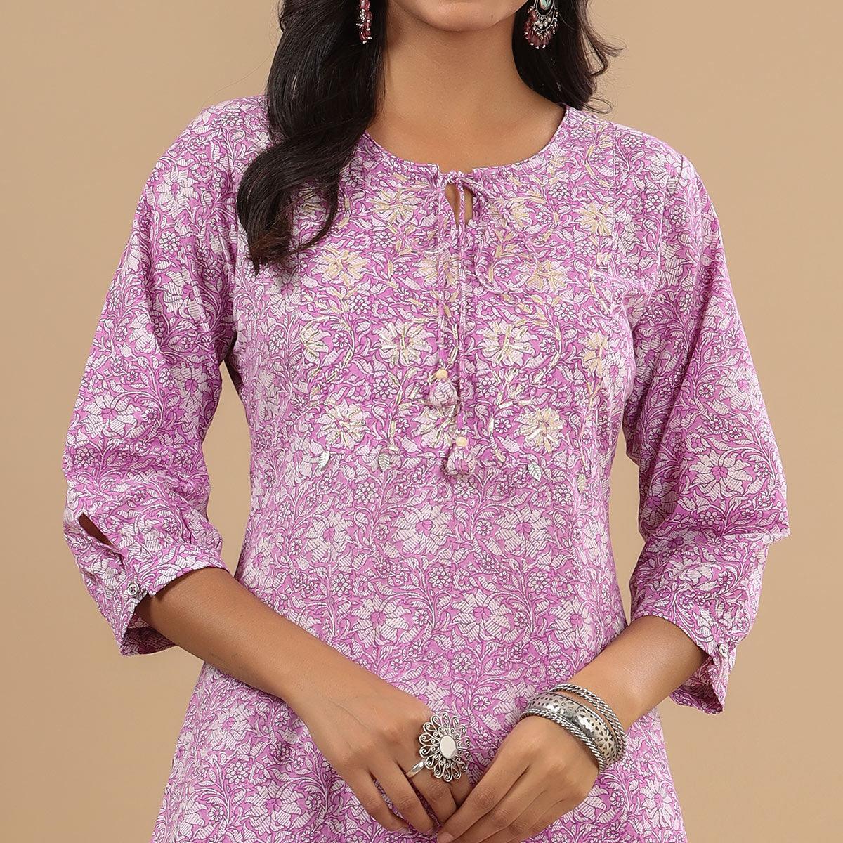 Lavender Floral Printed With Embroidered Pure Cotton Kurti Pant Set - Peachmode
