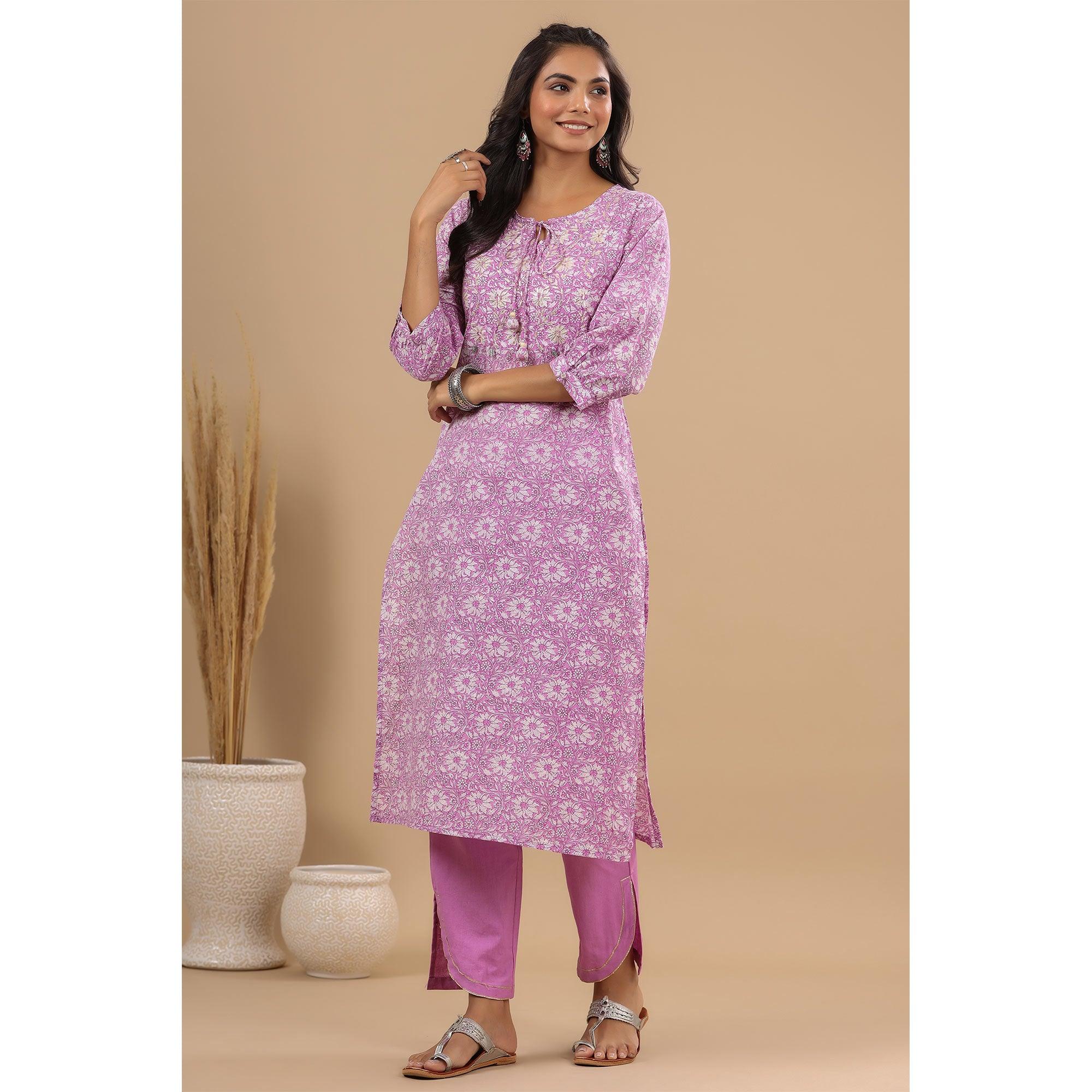 Lavender Floral Printed With Embroidered Pure Cotton Kurti Pant Set - Peachmode