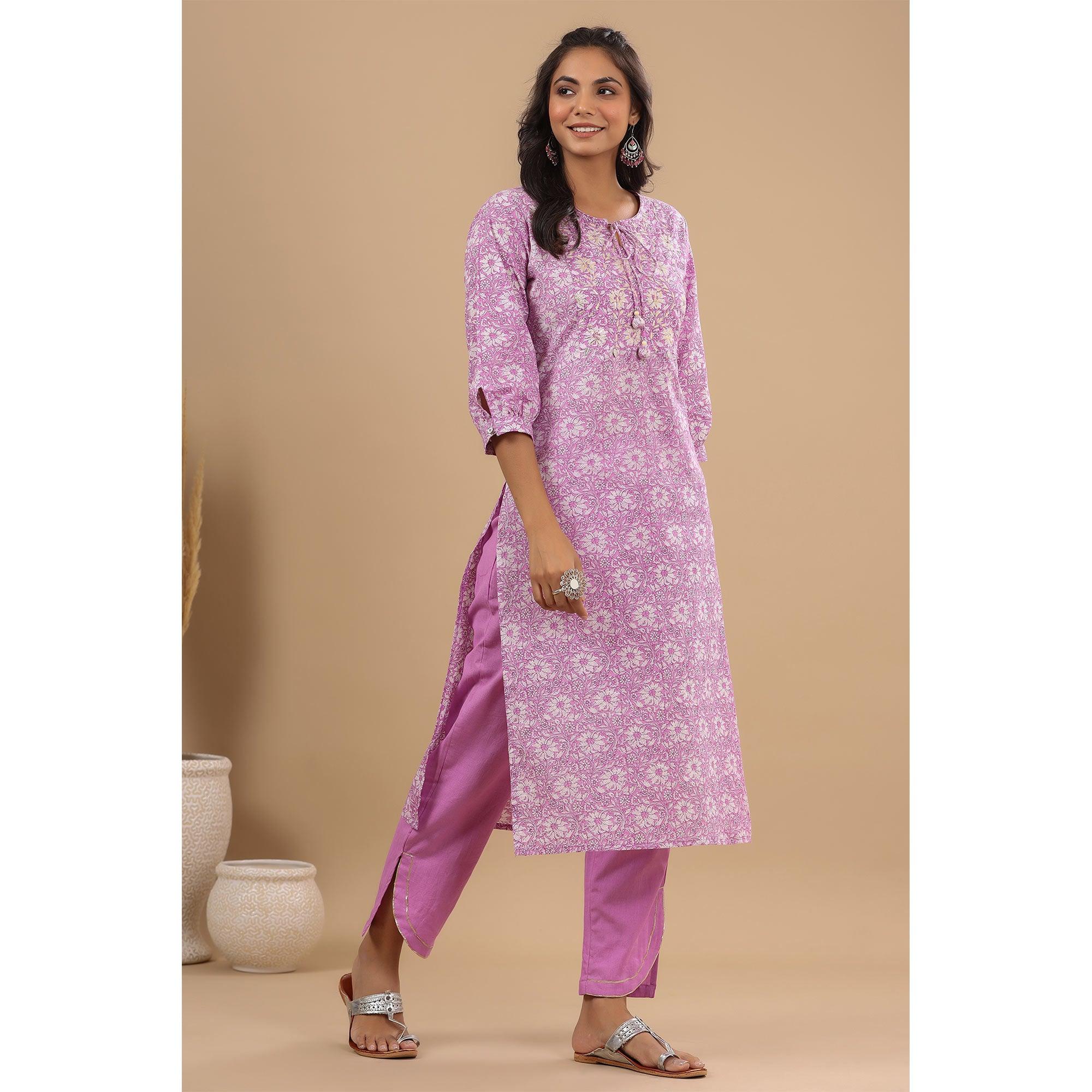 Lavender Floral Printed With Embroidered Pure Cotton Kurti Pant Set - Peachmode