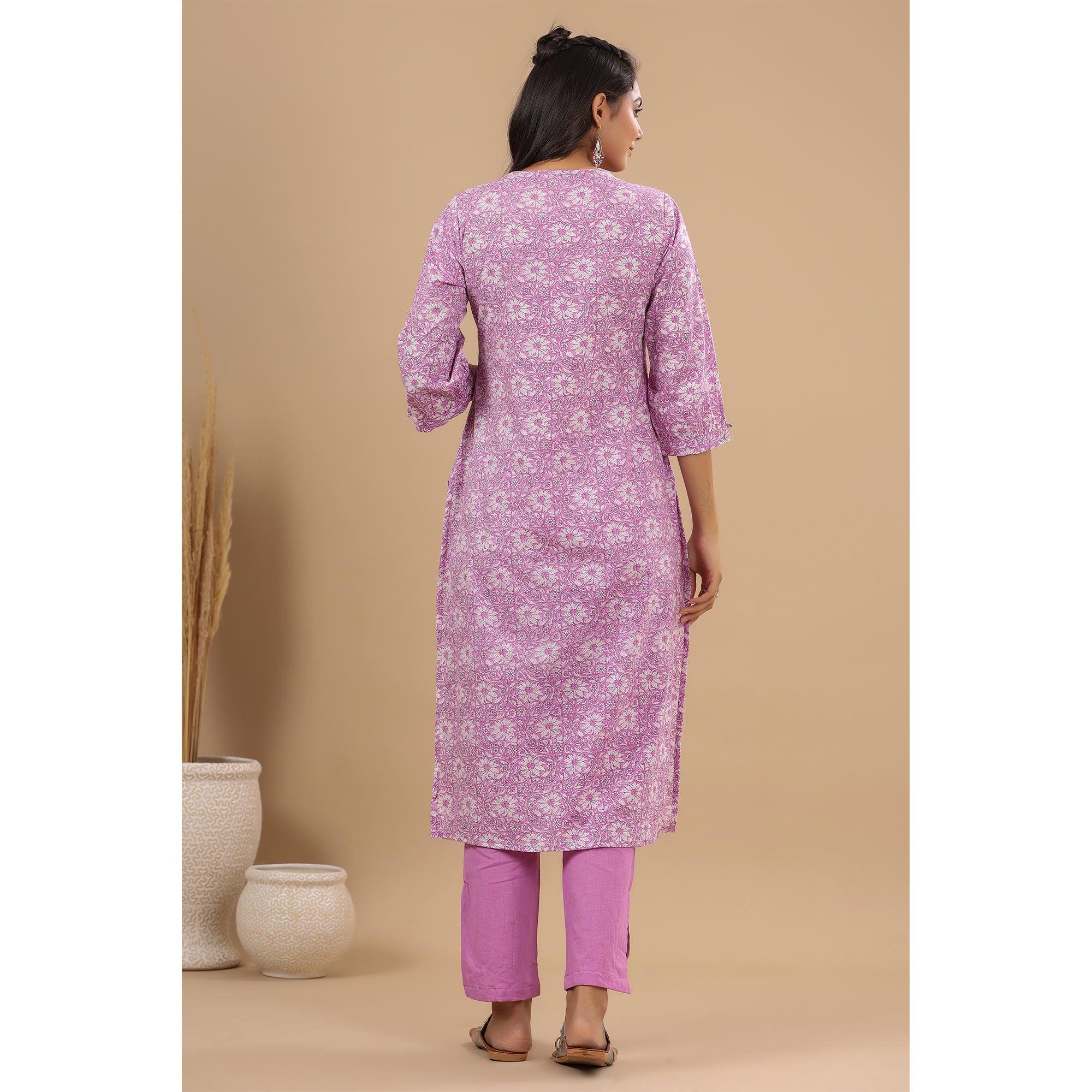 Lavender Floral Printed With Embroidered Pure Cotton Kurti Pant Set - Peachmode