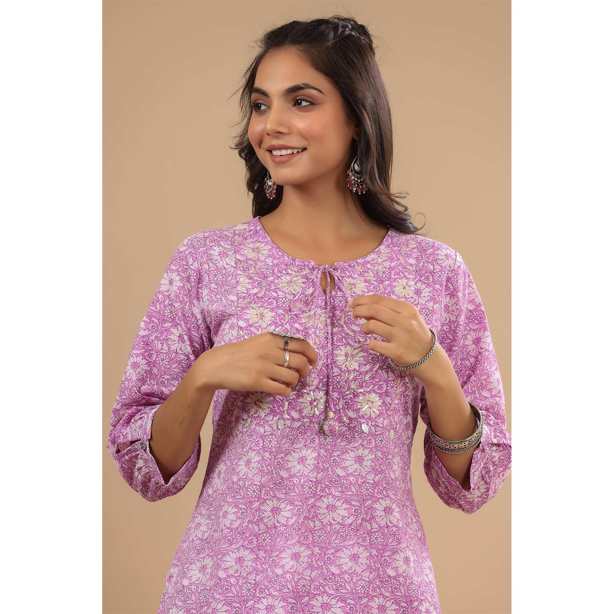 Lavender Floral Printed With Embroidered Pure Cotton Kurti Pant Set - Peachmode