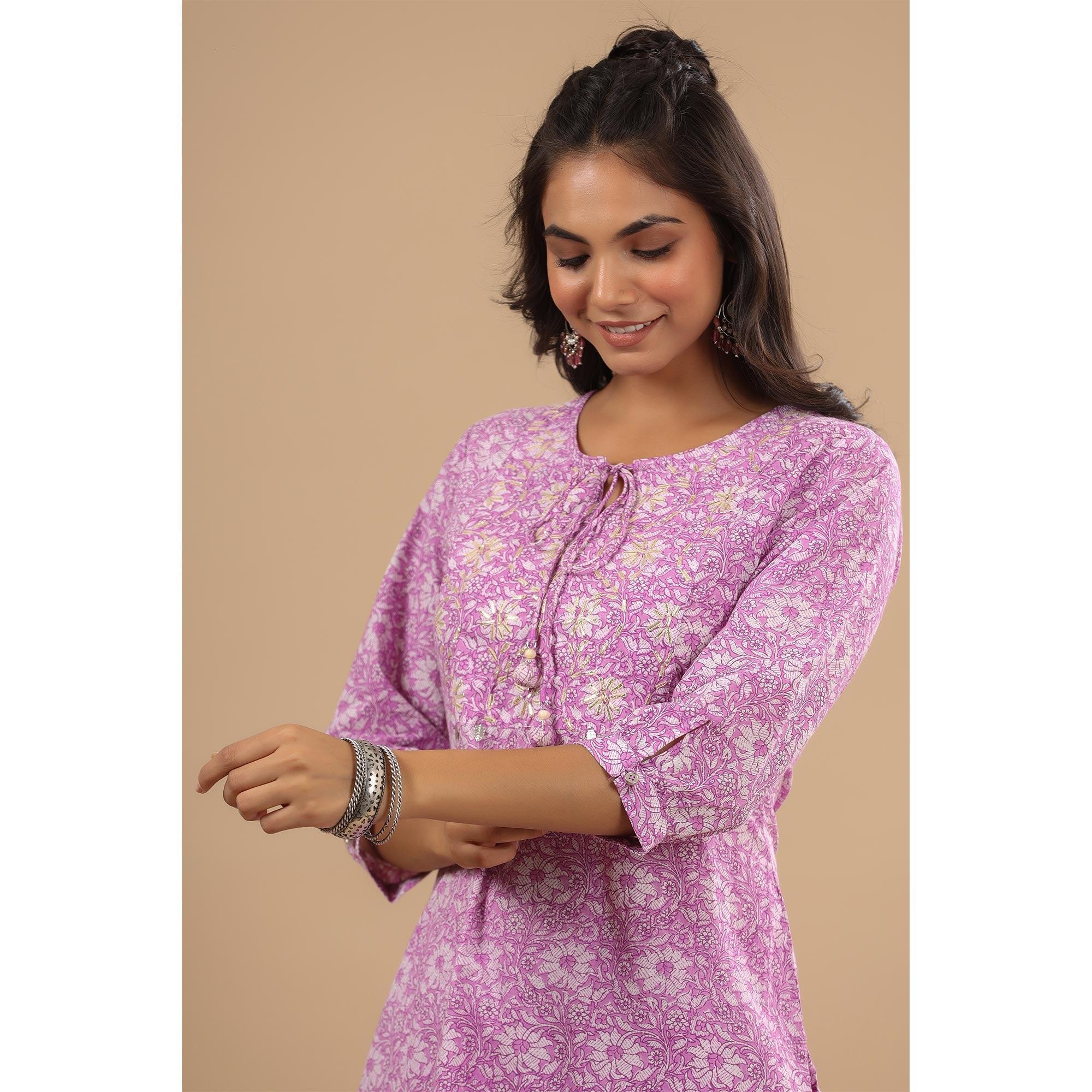 Lavender Floral Printed With Embroidered Pure Cotton Kurti Pant Set - Peachmode