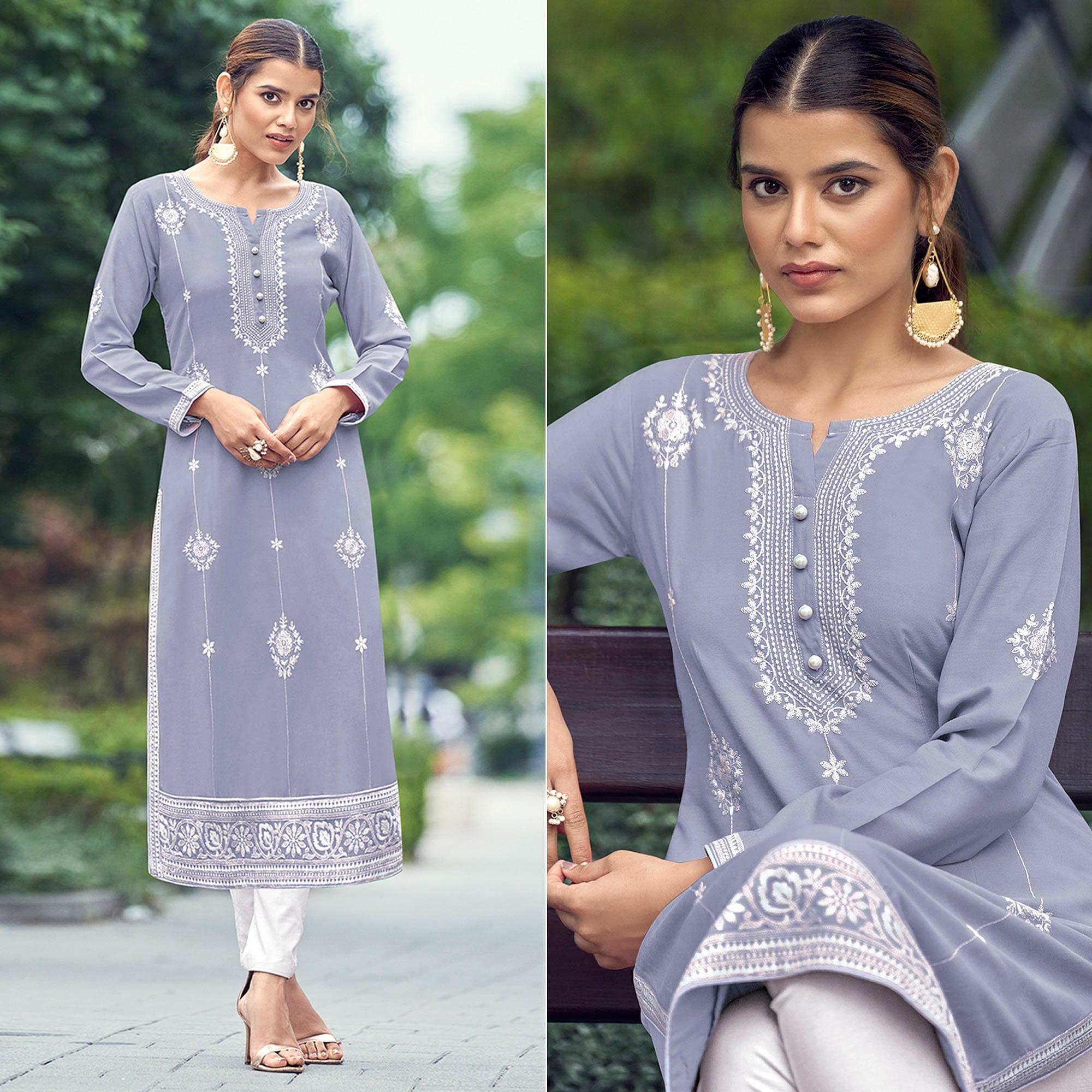 Lavender Lakhnawi Work Rayon Kurti - Peachmode