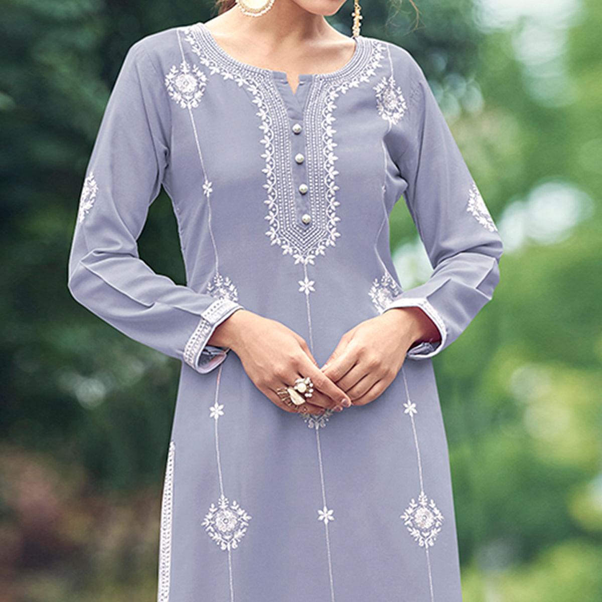 Lavender Lakhnawi Work Rayon Kurti - Peachmode