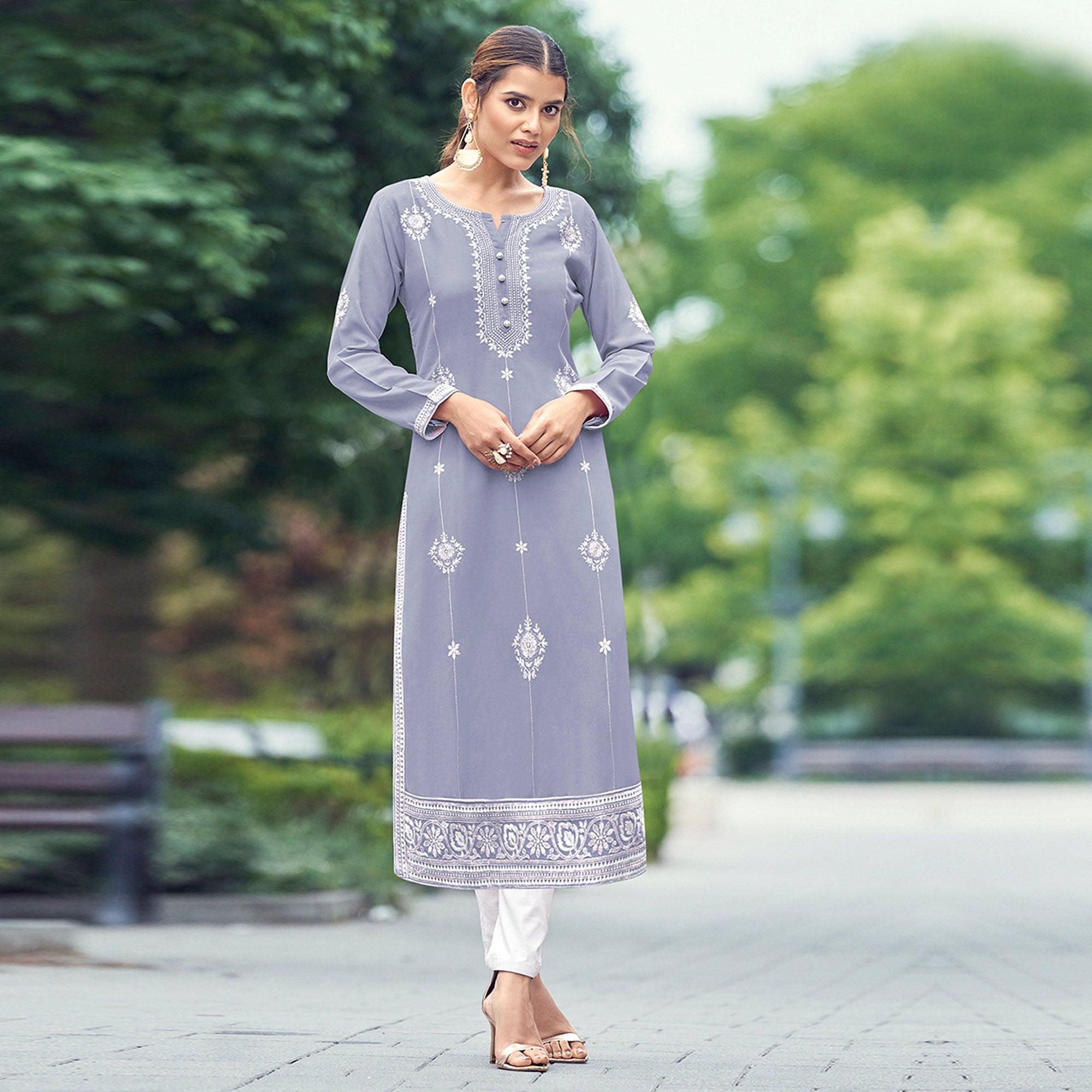 Lavender Lakhnawi Work Rayon Kurti - Peachmode