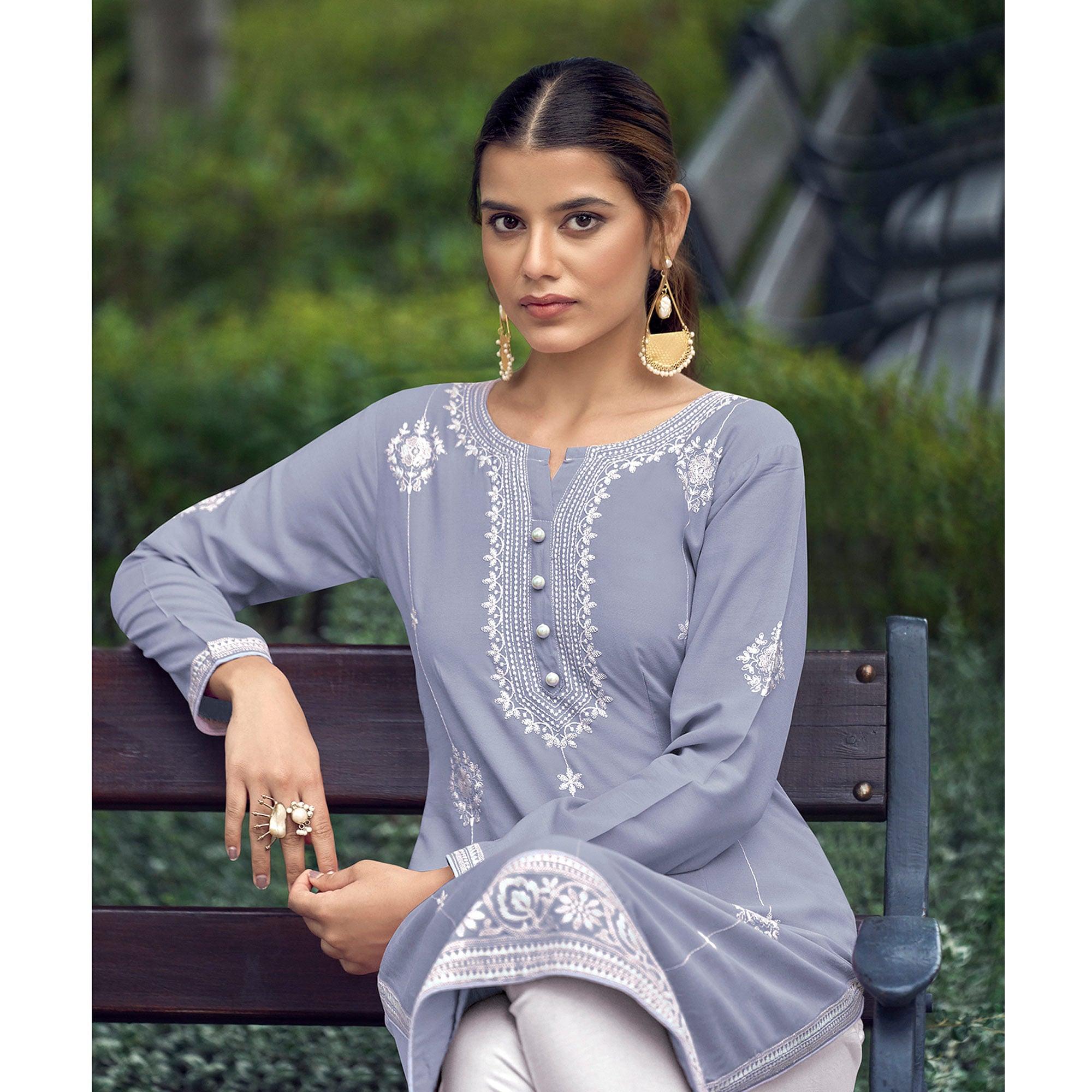 Lavender Lakhnawi Work Rayon Kurti - Peachmode