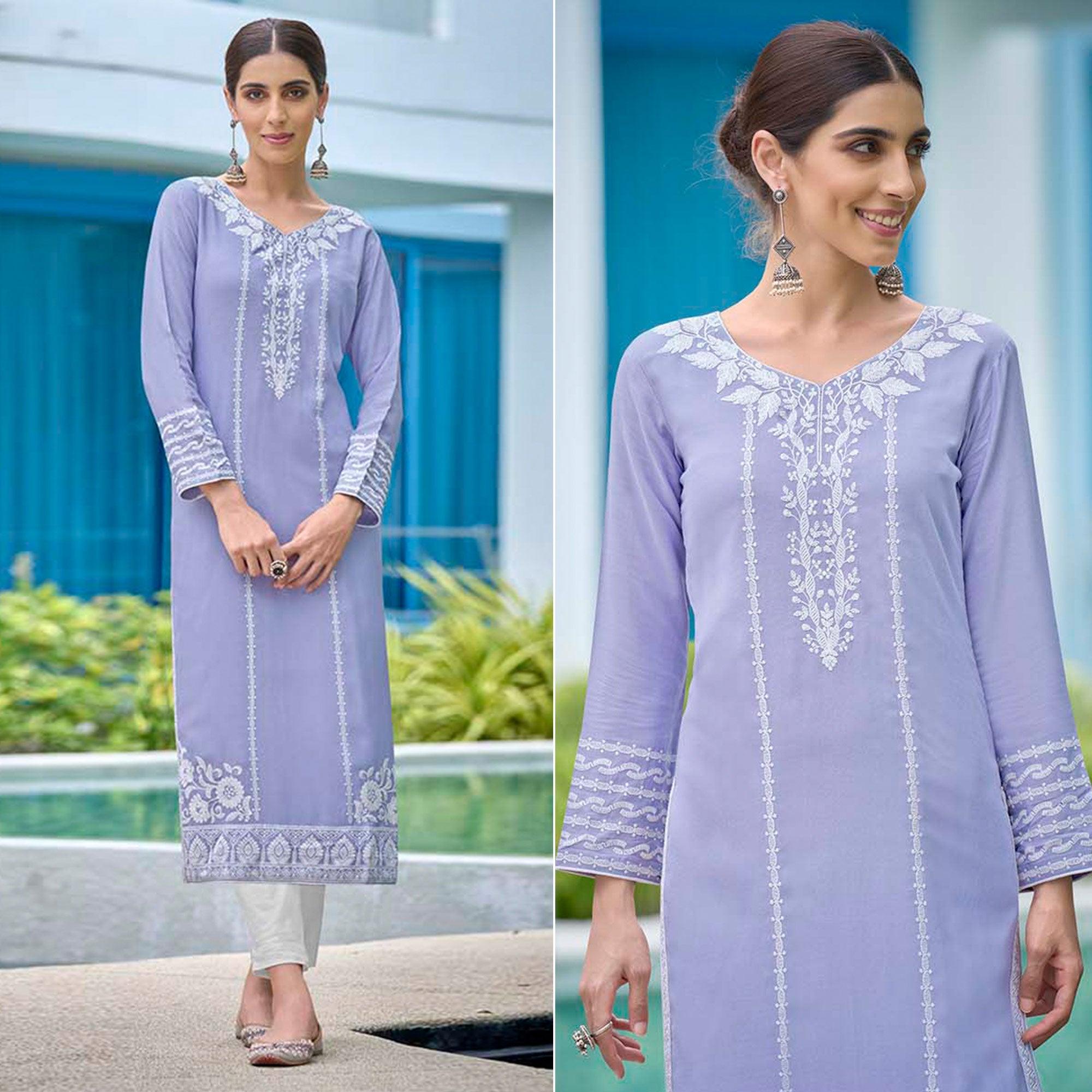 Lavender Lucknowi Embroidered Rayon Kurti - Peachmode