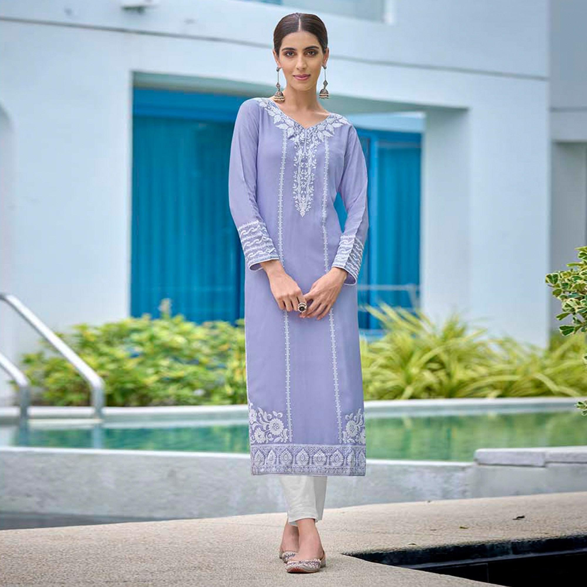 Lavender Lucknowi Embroidered Rayon Kurti - Peachmode