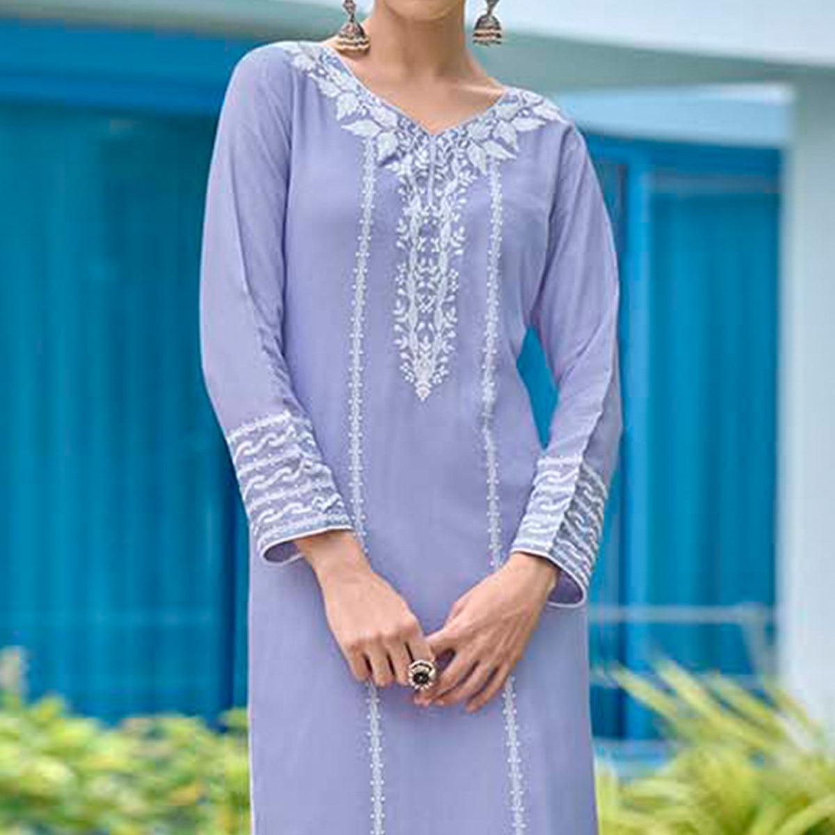 Lavender Lucknowi Embroidered Rayon Kurti - Peachmode