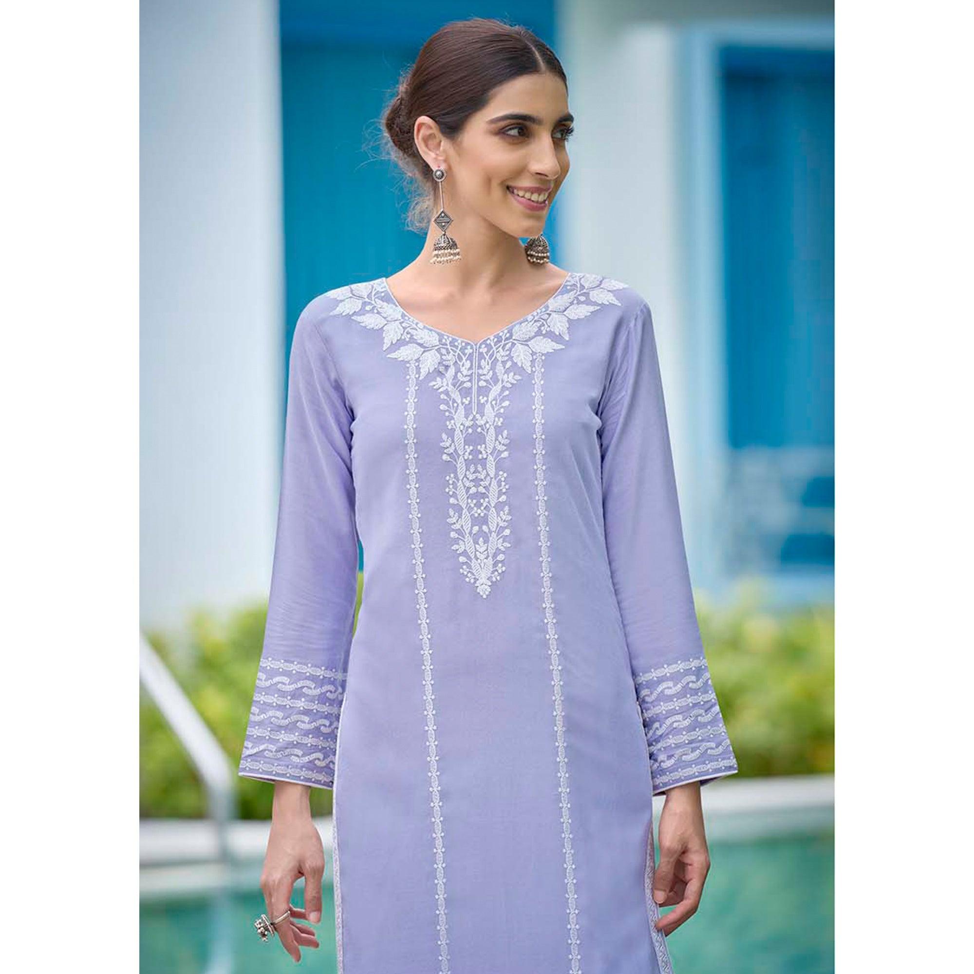 Lavender Lucknowi Embroidered Rayon Kurti - Peachmode