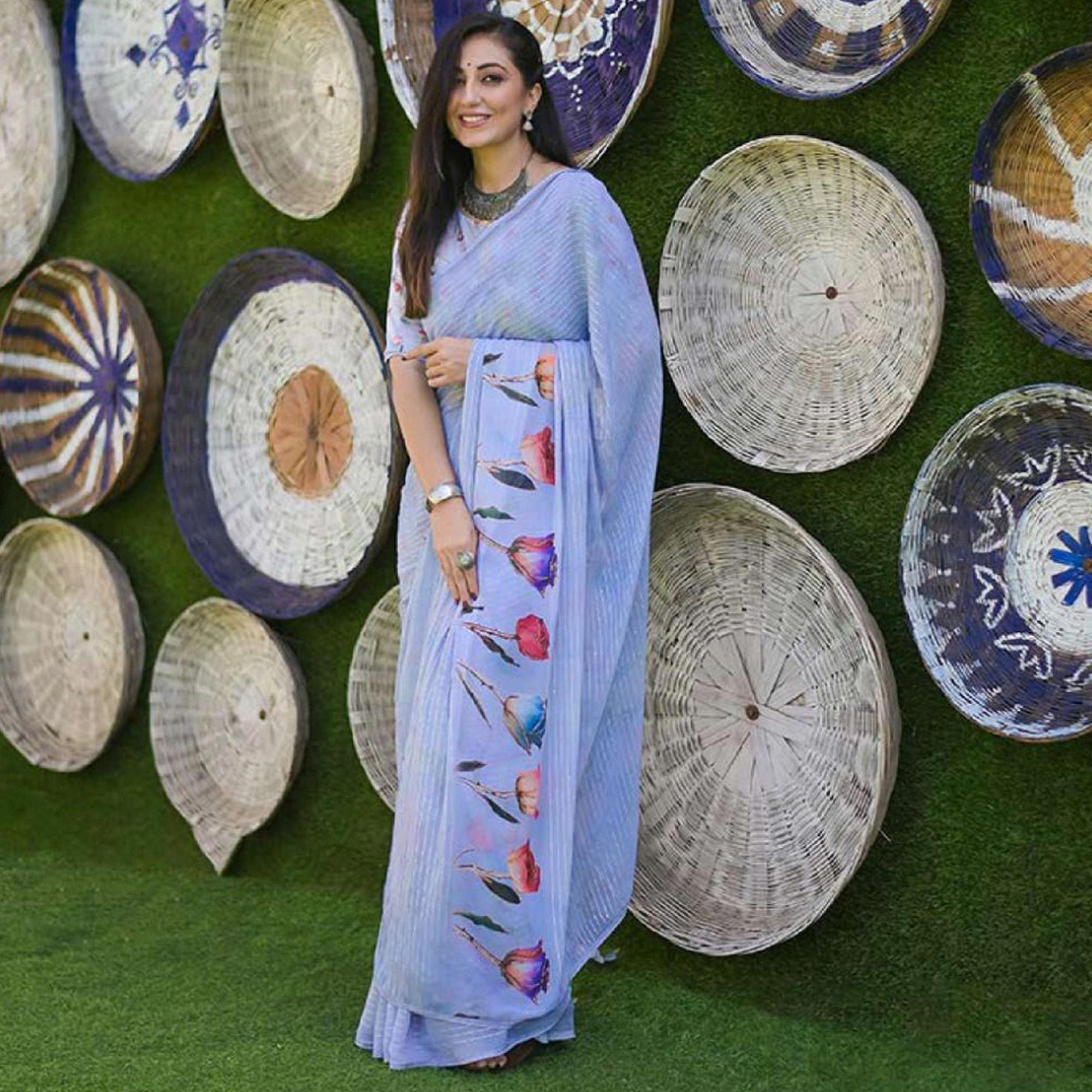 Lavender Party Wear Digital Printed Georgette Saree - Peachmode