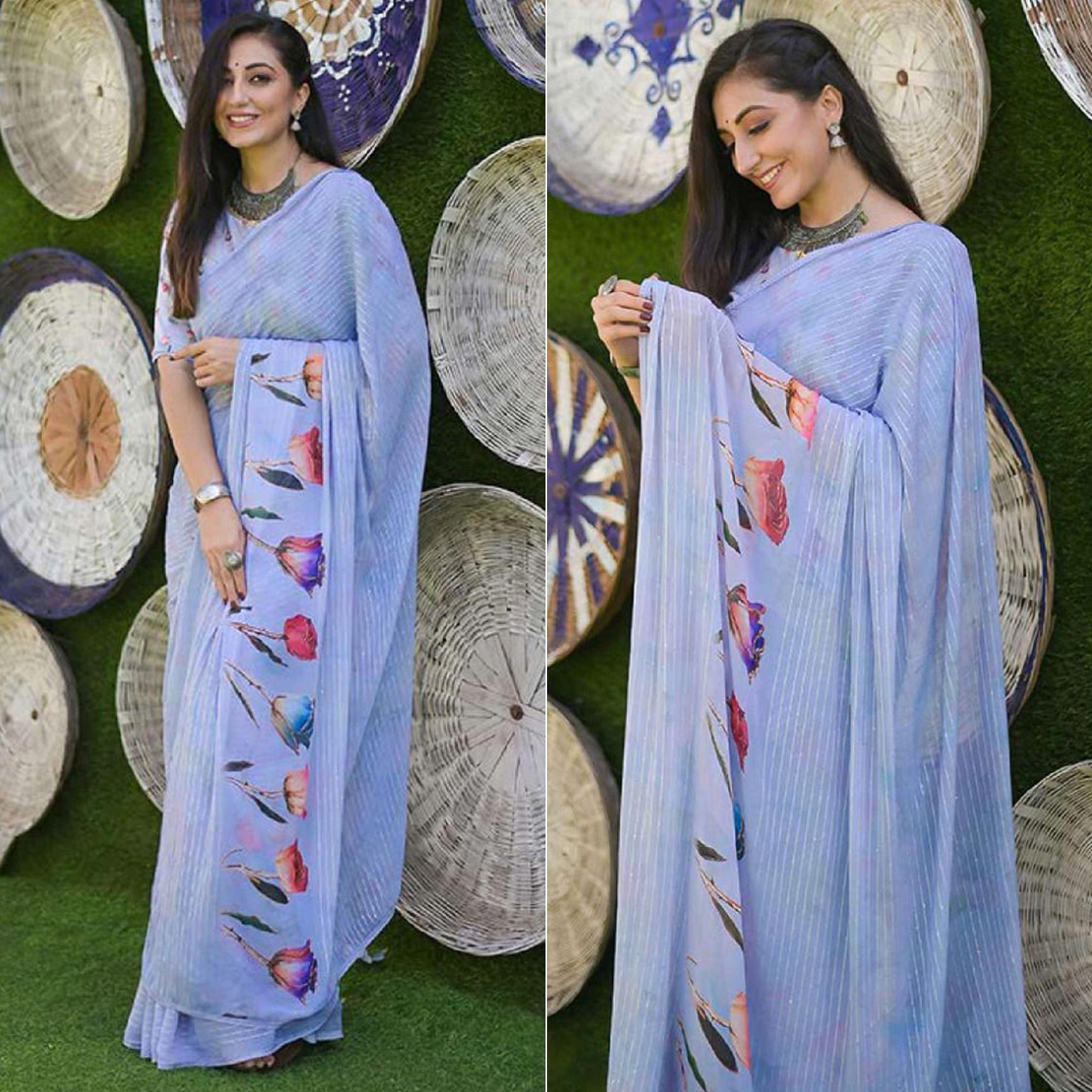 Lavender Party Wear Digital Printed Georgette Saree - Peachmode
