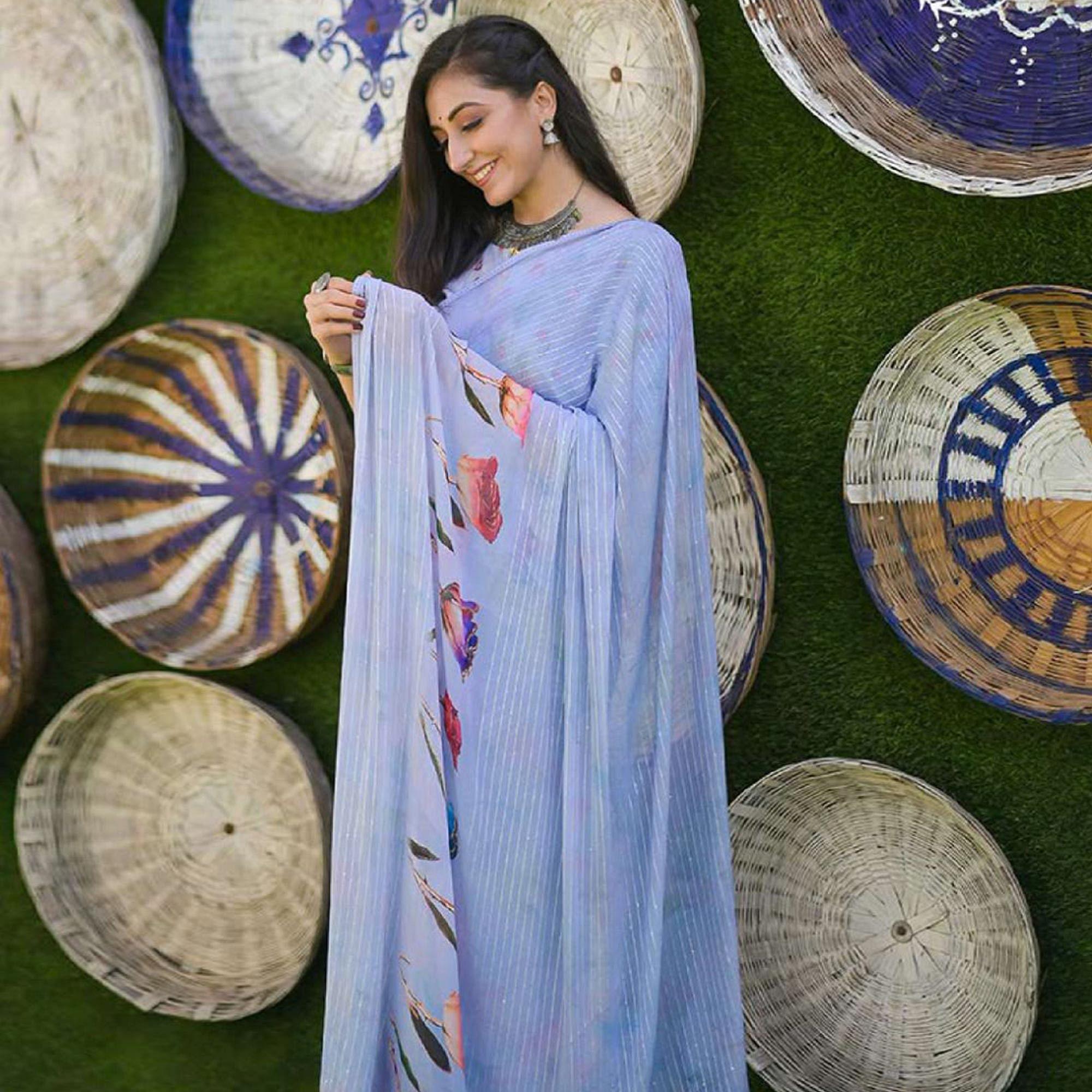 Lavender Party Wear Digital Printed Georgette Saree - Peachmode