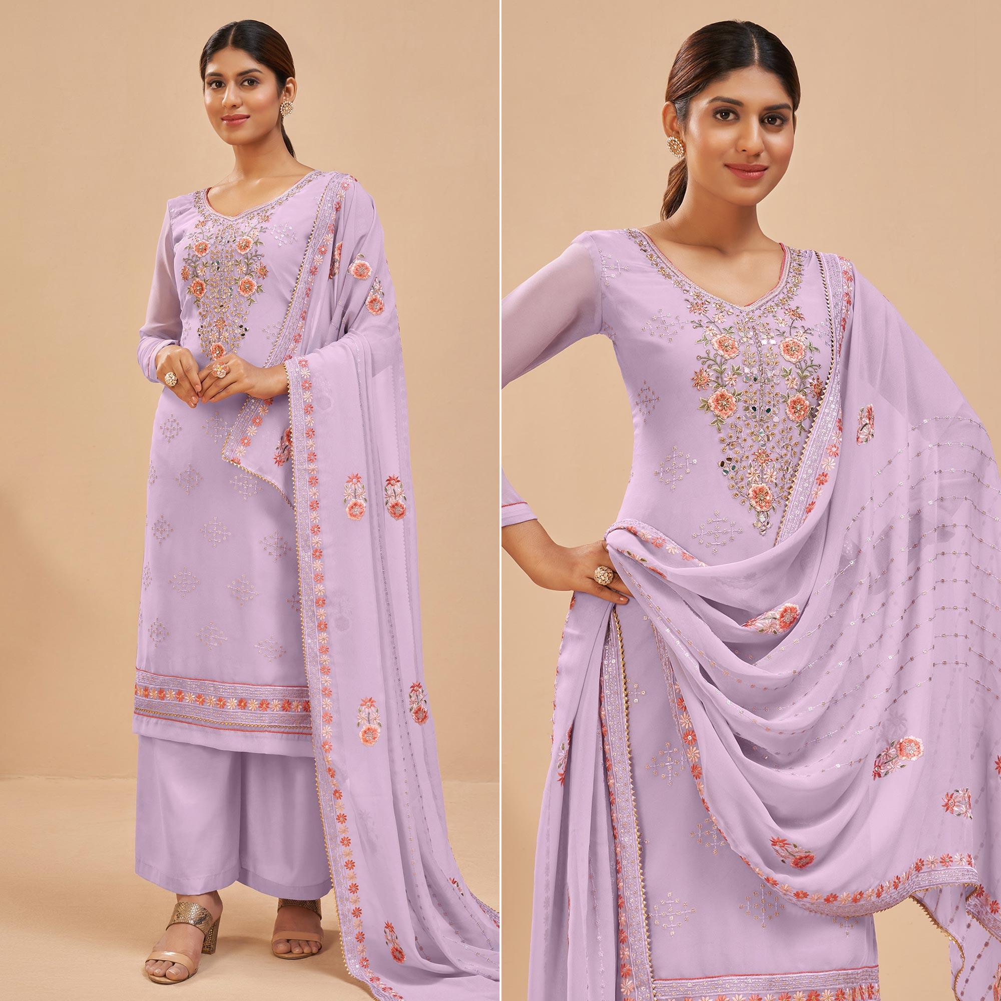 Lavender Party Wear Embroidered Georgette Suit - Peachmode