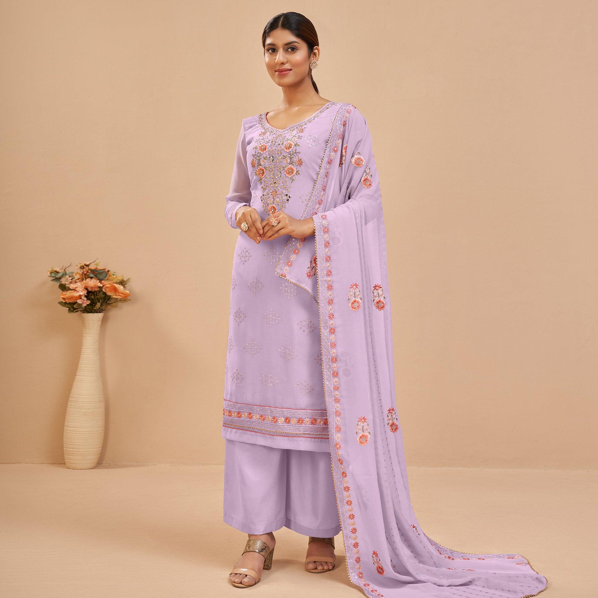 Lavender Party Wear Embroidered Georgette Suit - Peachmode