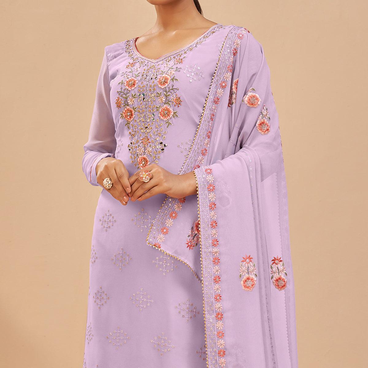 Lavender Party Wear Embroidered Georgette Suit - Peachmode
