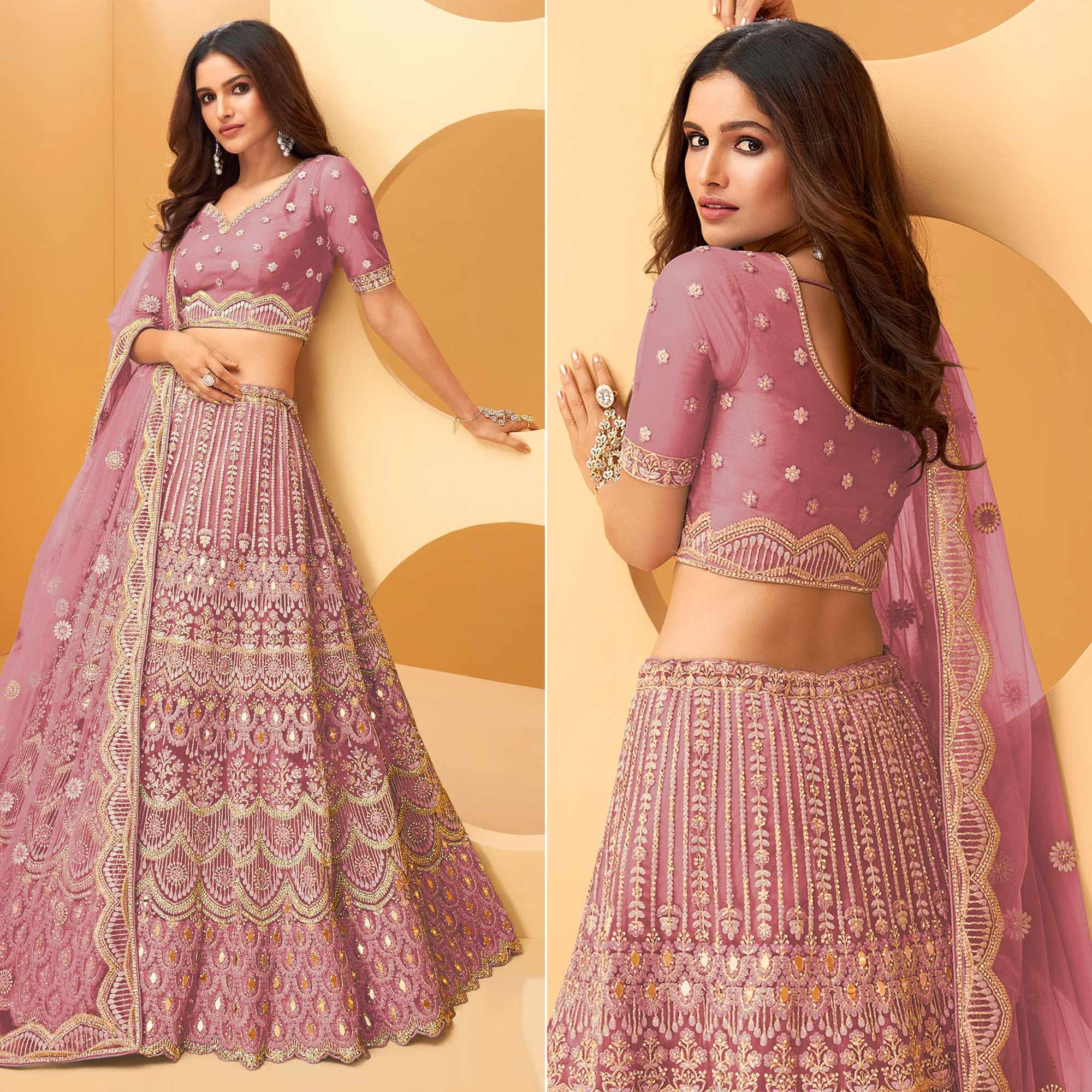Lavender Party Wear Embroidered Net Lehenga Choli - Peachmode
