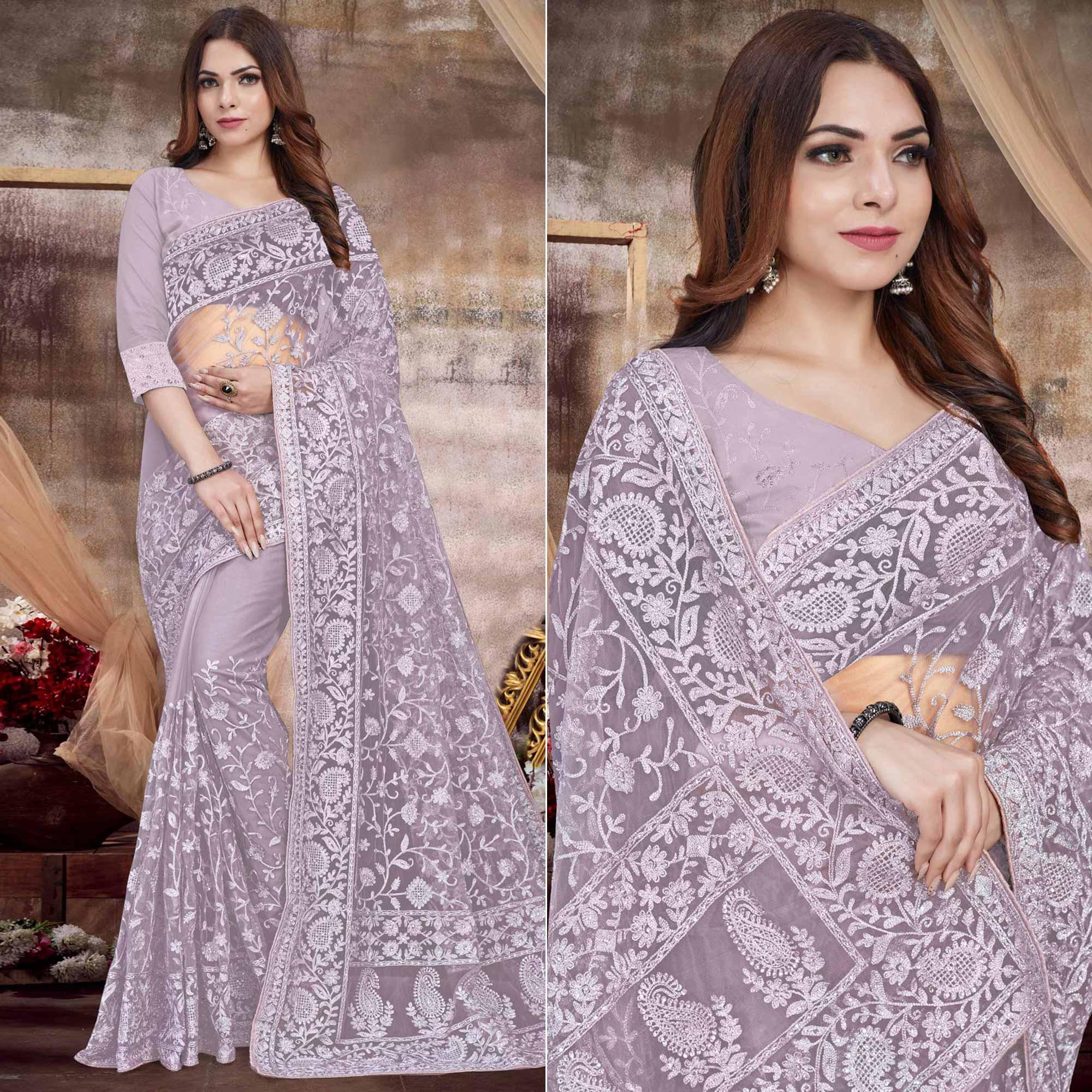 Lavender Partywear Embroidery With Embellished Net Saree - Peachmode