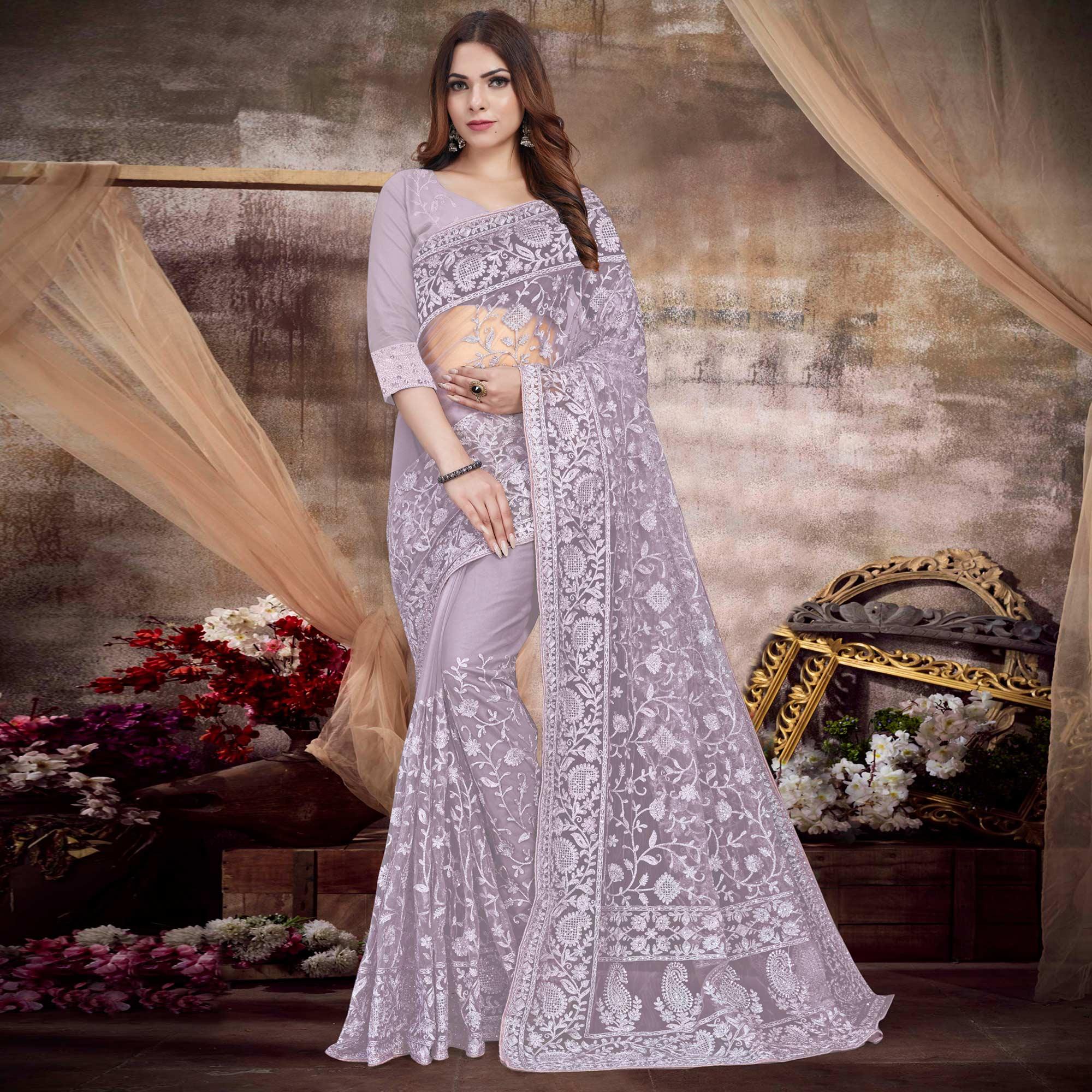 Lavender Partywear Embroidery With Embellished Net Saree - Peachmode