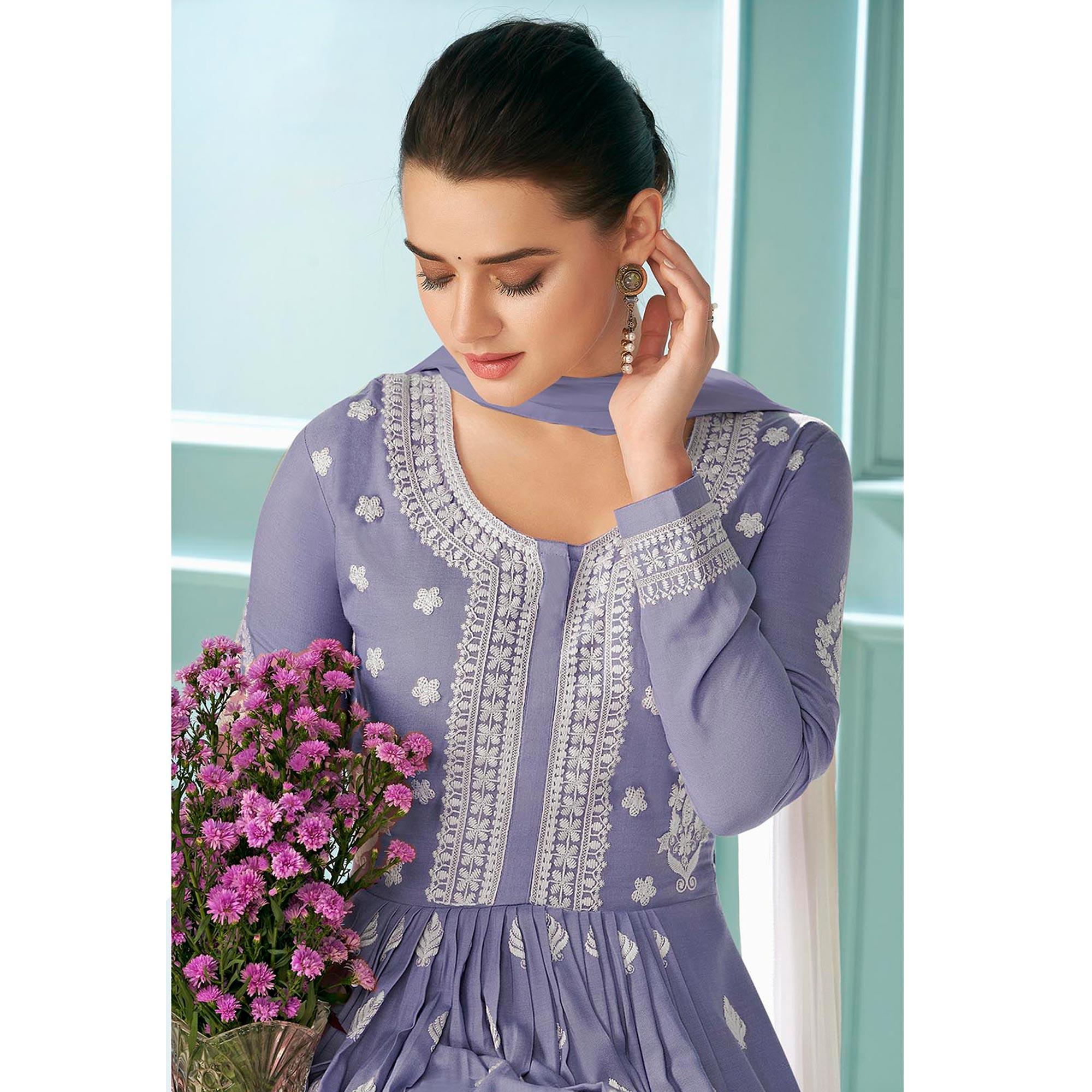 Lavender  Partywear Floral Embroidered Rayon Palazzo Suit - Peachmode