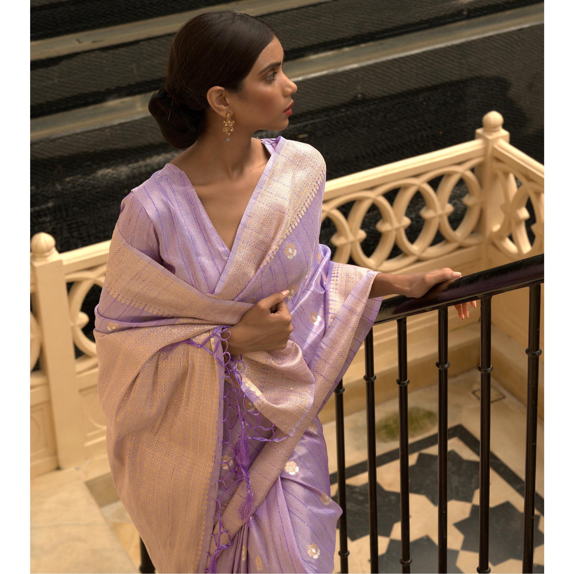 Lavender Partywear Sequence Woven Silk Saree - Peachmode