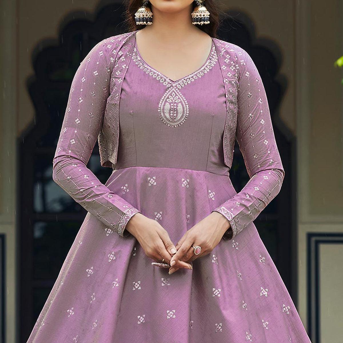Lavender Sequence Embroidered Pure Cotton Gown With Koti - Peachmode
