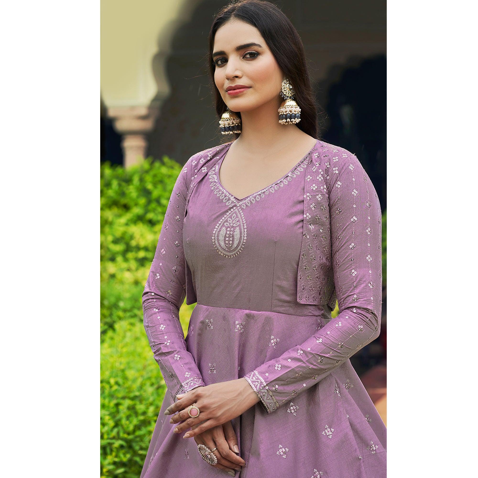 Lavender Sequence Embroidered Pure Cotton Gown With Koti - Peachmode