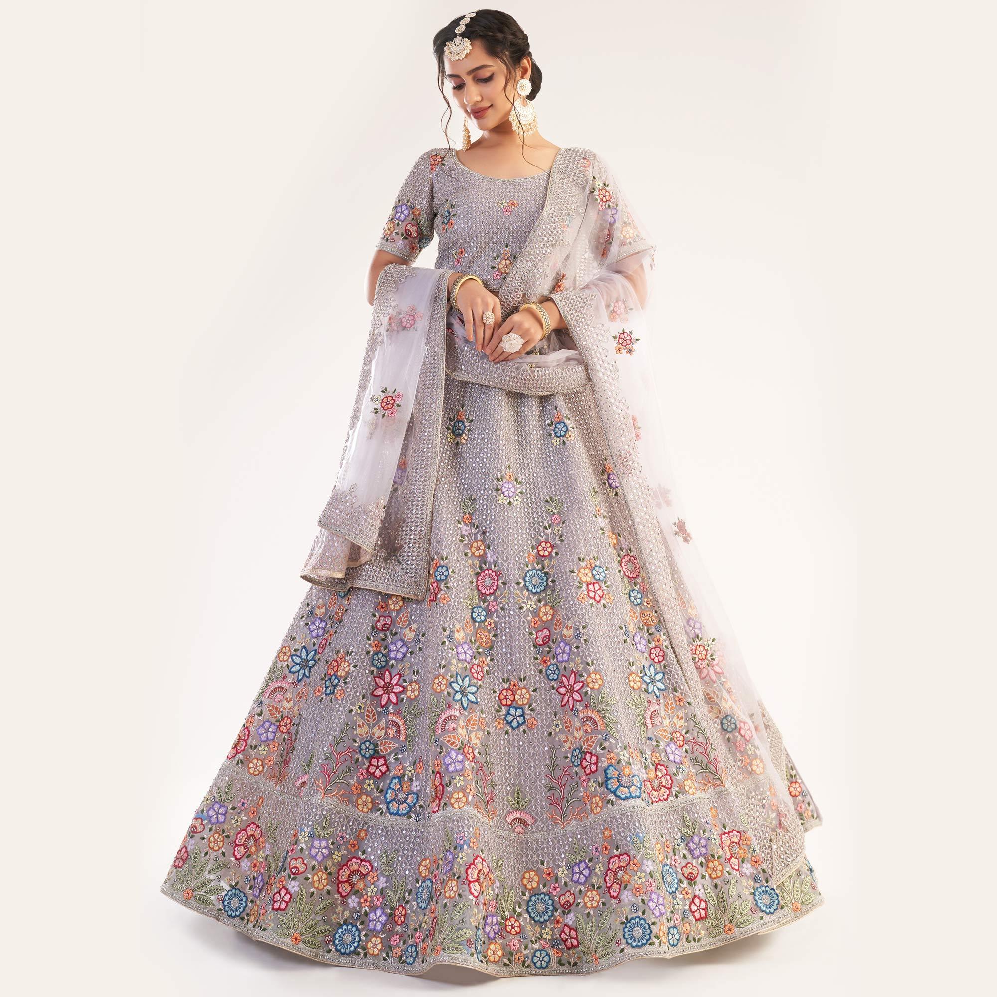 Lavender Wedding Wear Embellished Heavy Butterfly Net Lehenga Choli - Peachmode