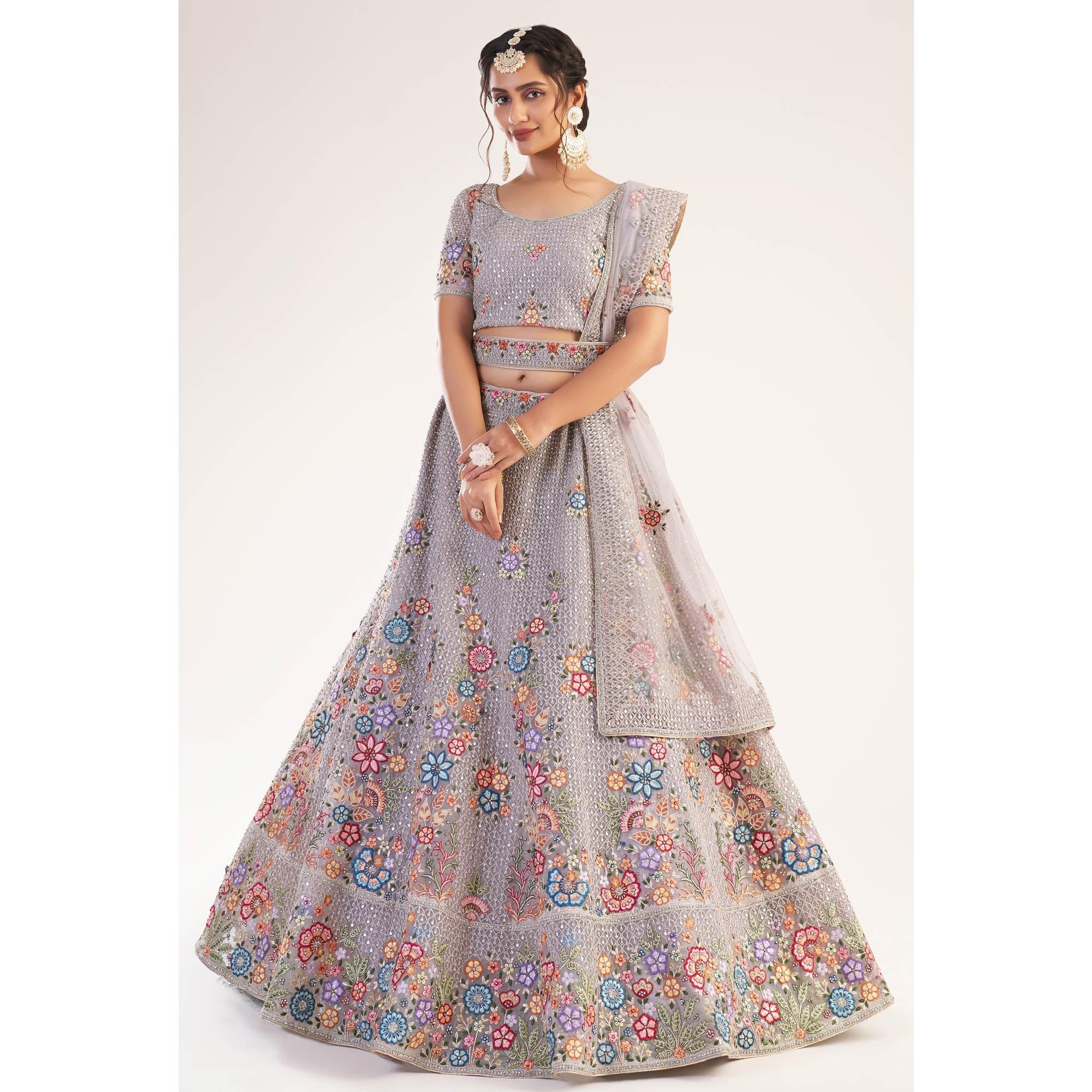 Lavender Wedding Wear Embellished Heavy Butterfly Net Lehenga Choli - Peachmode