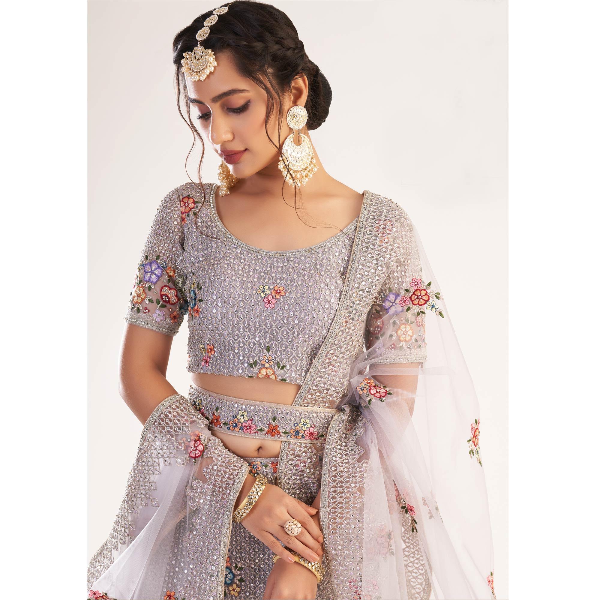 Lavender Wedding Wear Embellished Heavy Butterfly Net Lehenga Choli - Peachmode
