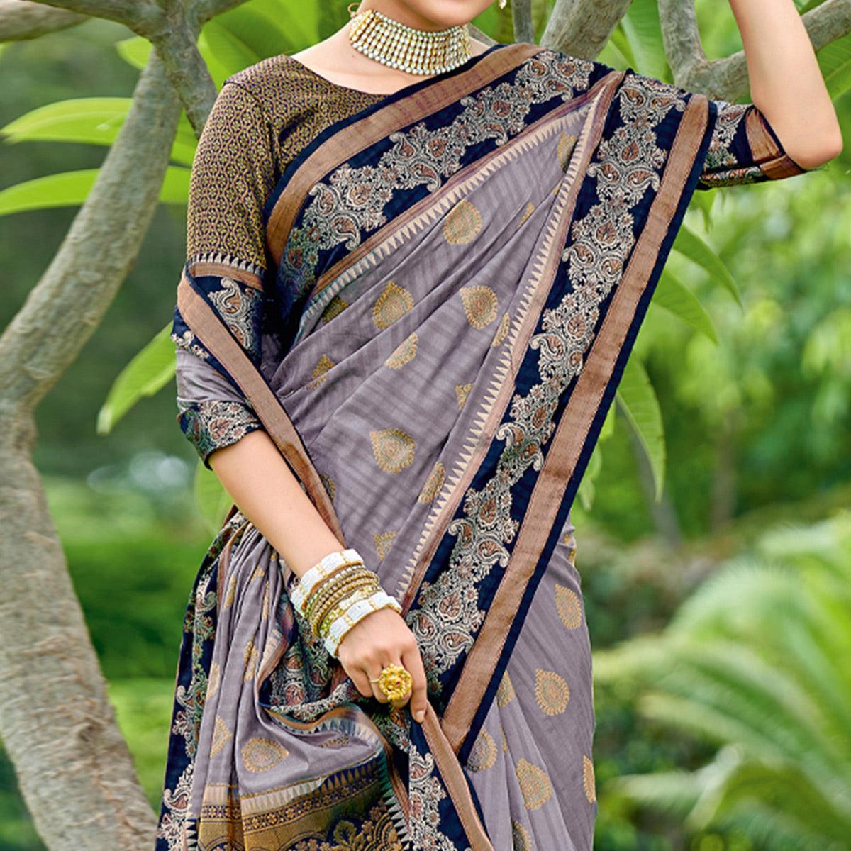 Lavender Woven Banarasi Silk Saree With Tassels - Peachmode