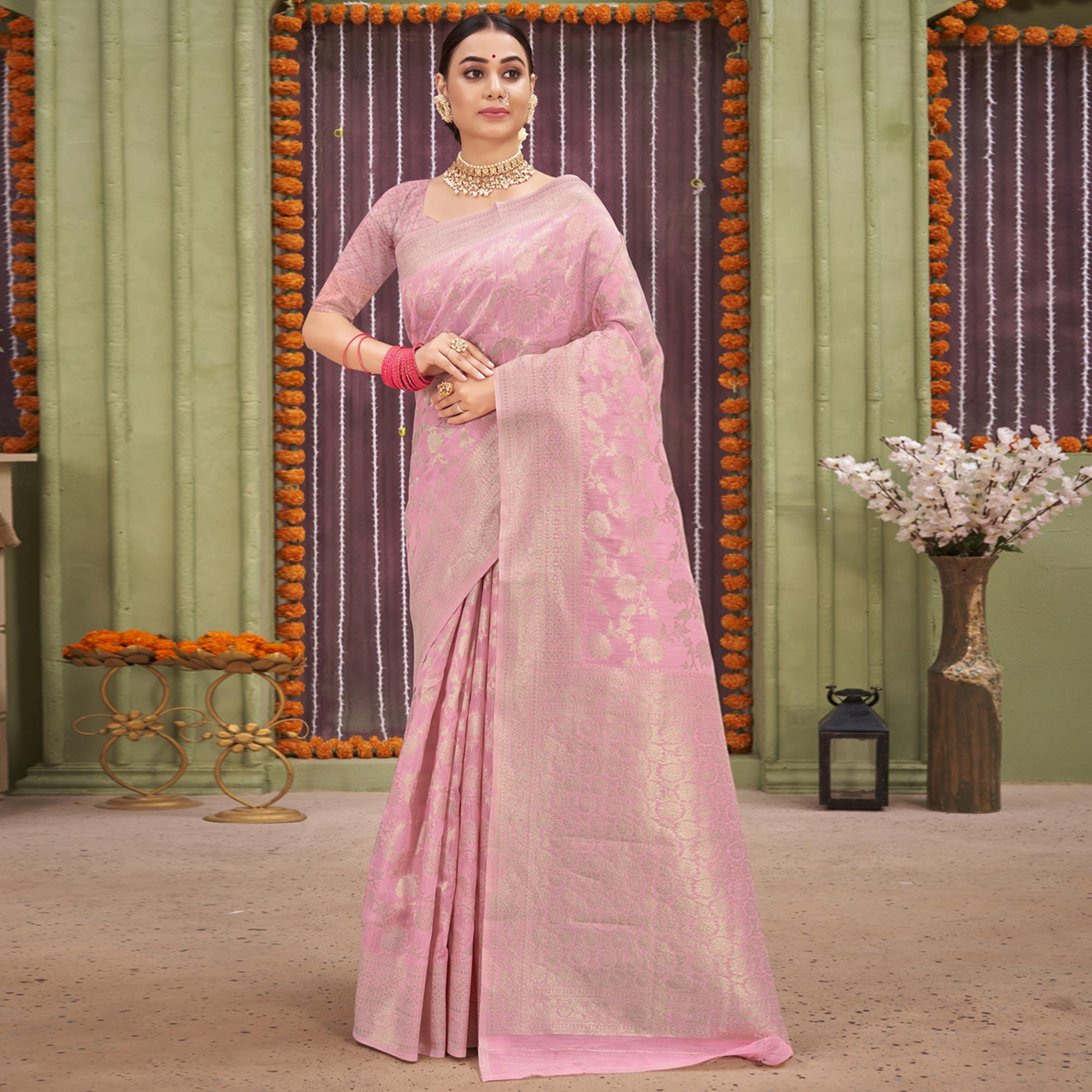 Lavender Woven Linen Saree - Peachmode