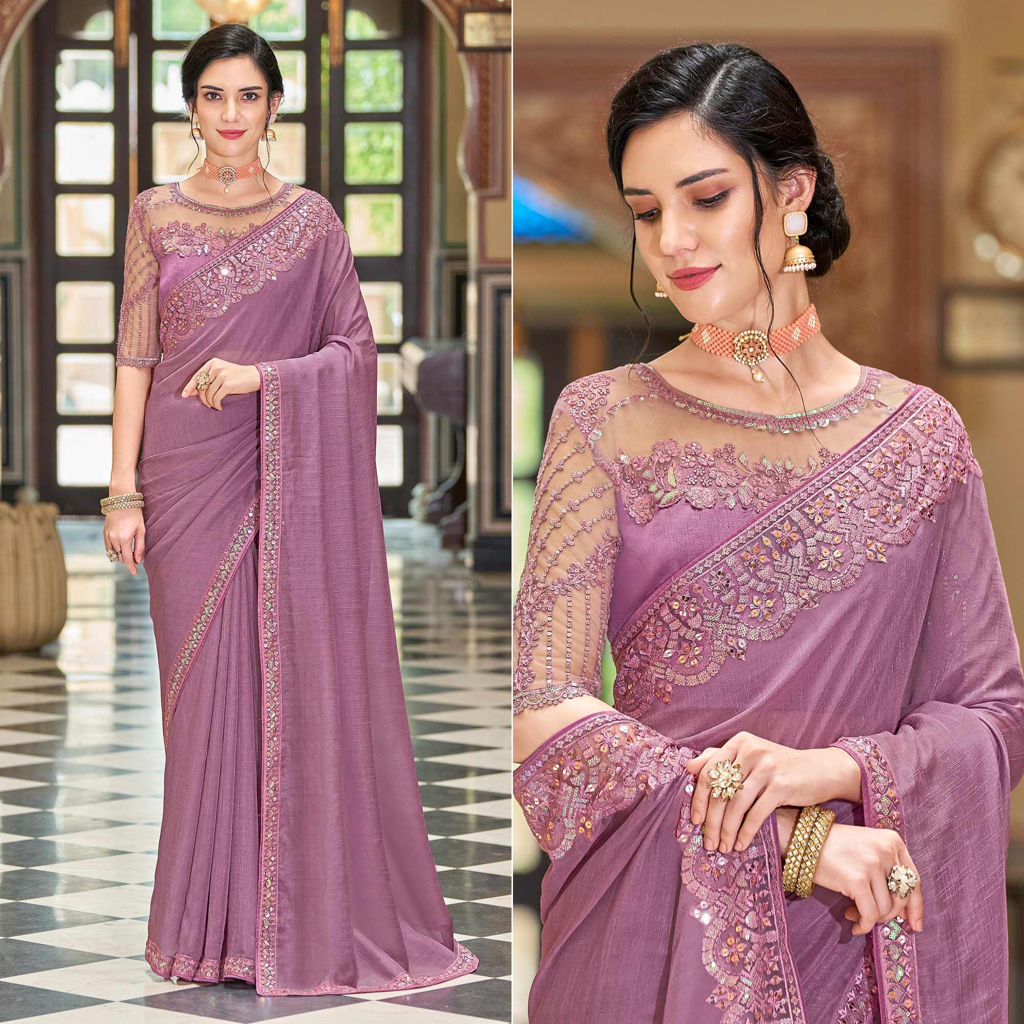 Lavendor Floral Sequence Embroidered Art Silk Saree - Peachmode