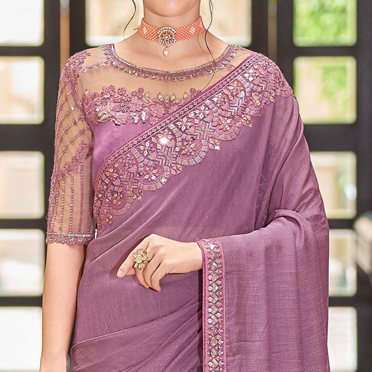 Lavendor Floral Sequence Embroidered Art Silk Saree - Peachmode