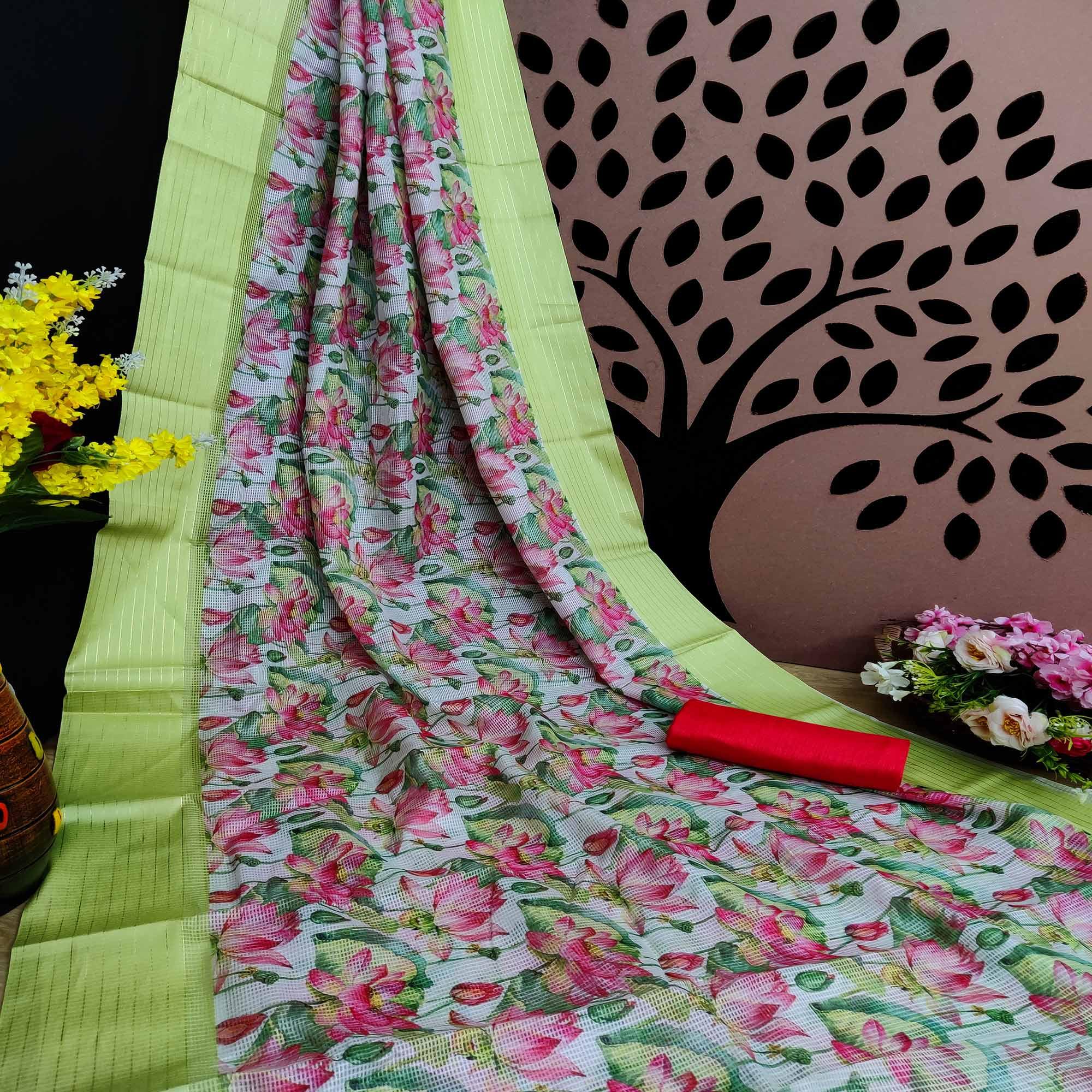 Lemon Festive Wear Floral Digital Print With Woven Border Silk Saree - Peachmode