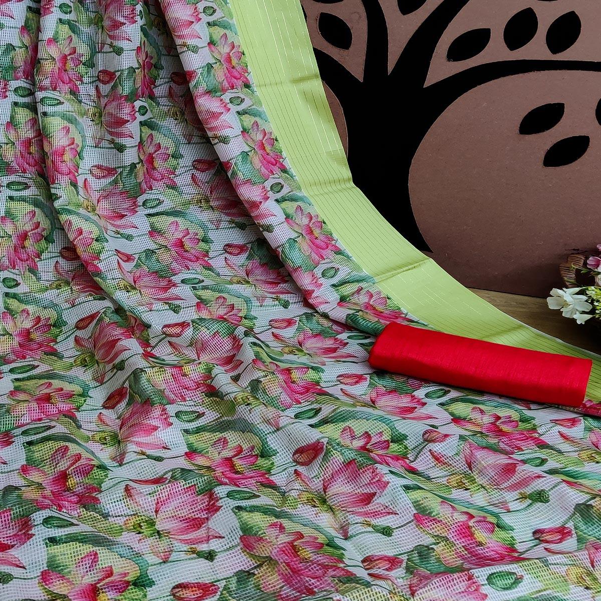 Lemon Festive Wear Floral Digital Print With Woven Border Silk Saree - Peachmode