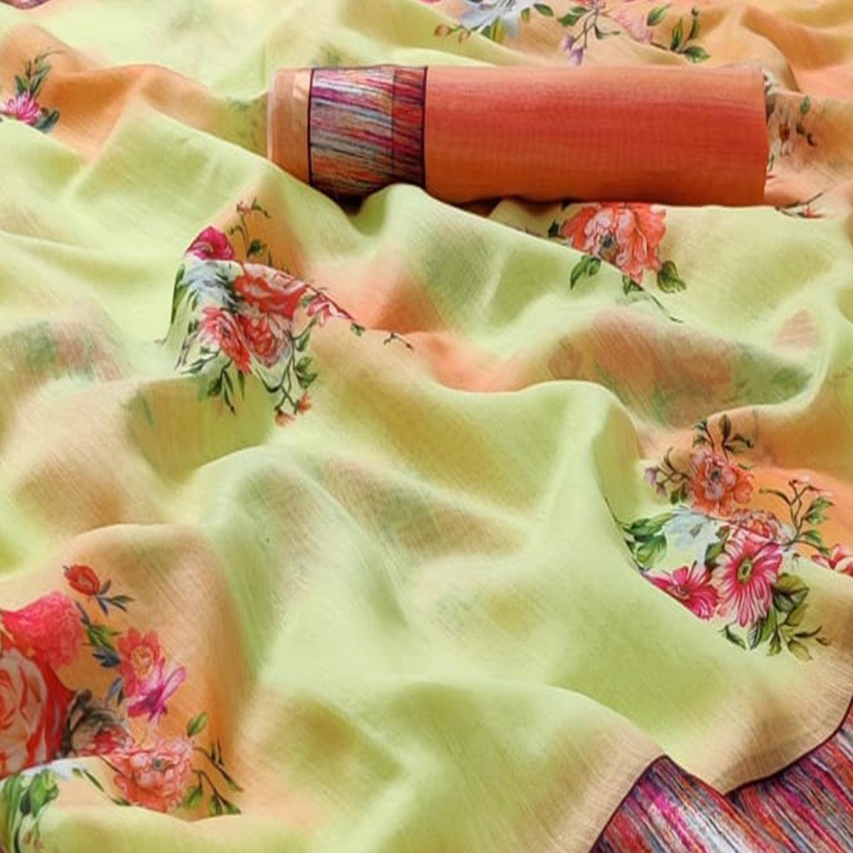 Lemon Green Casual Wear Floral Digital Printed Linen Saree - Peachmode