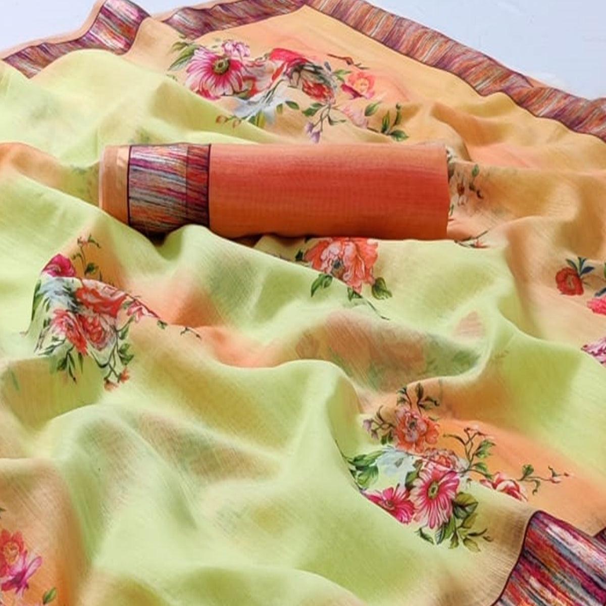 Lemon Green Casual Wear Floral Digital Printed Linen Saree - Peachmode