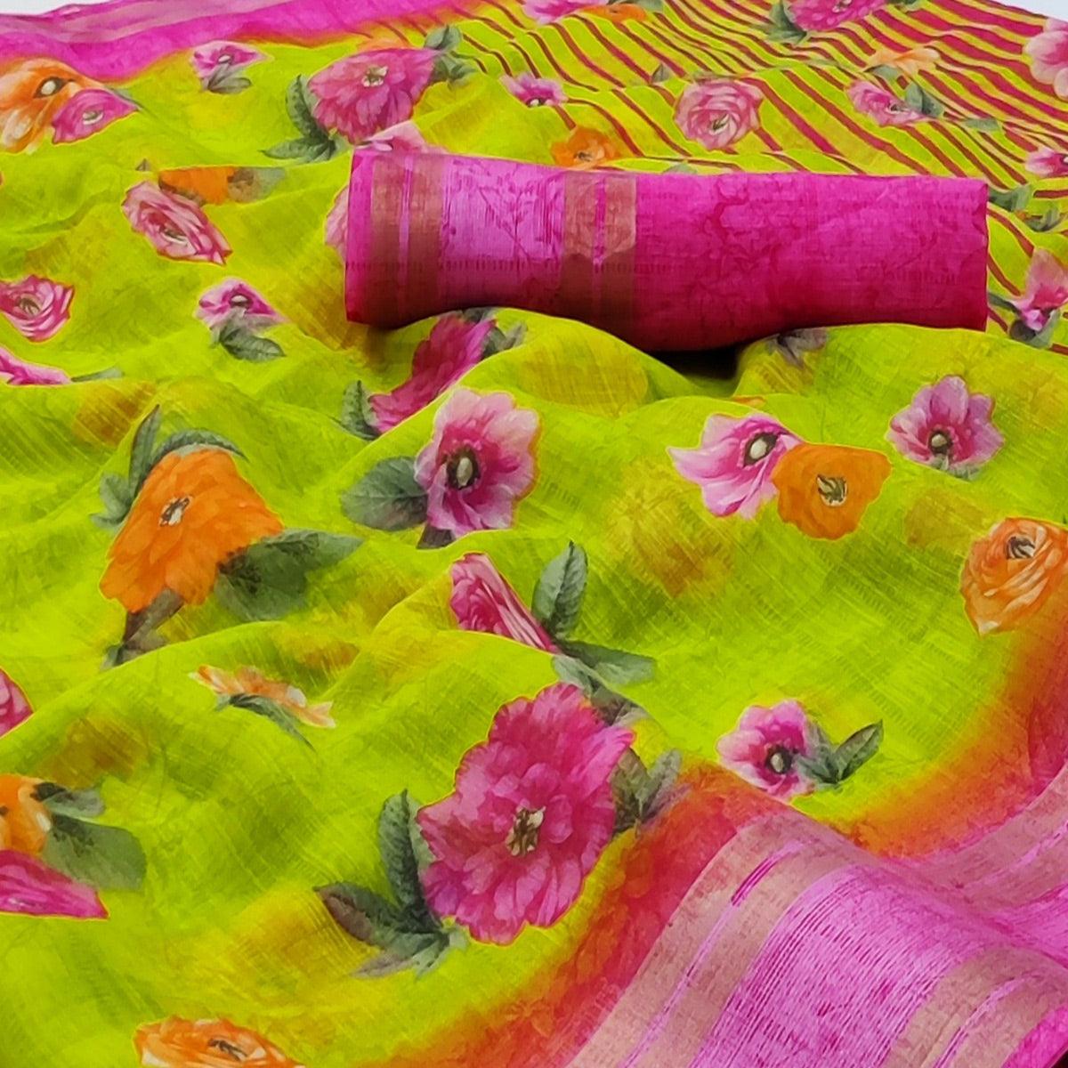 Lemon Green Casual Wear Floral Printed Cotton Saree With Woven Border - Peachmode