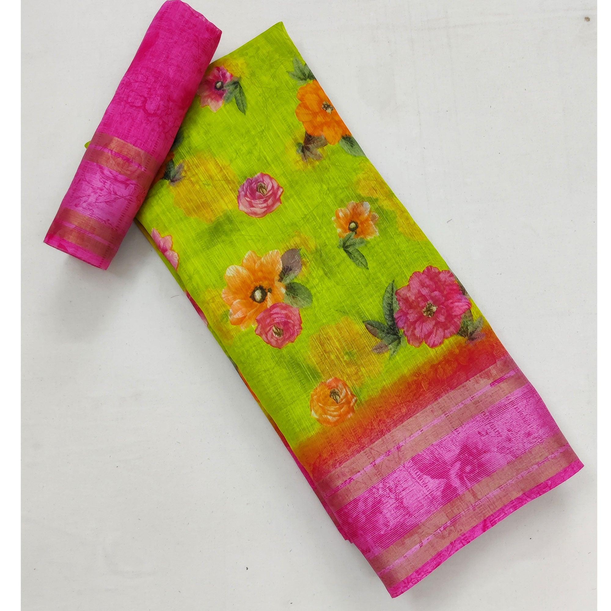 Lemon Green Casual Wear Floral Printed Cotton Saree With Woven Border - Peachmode