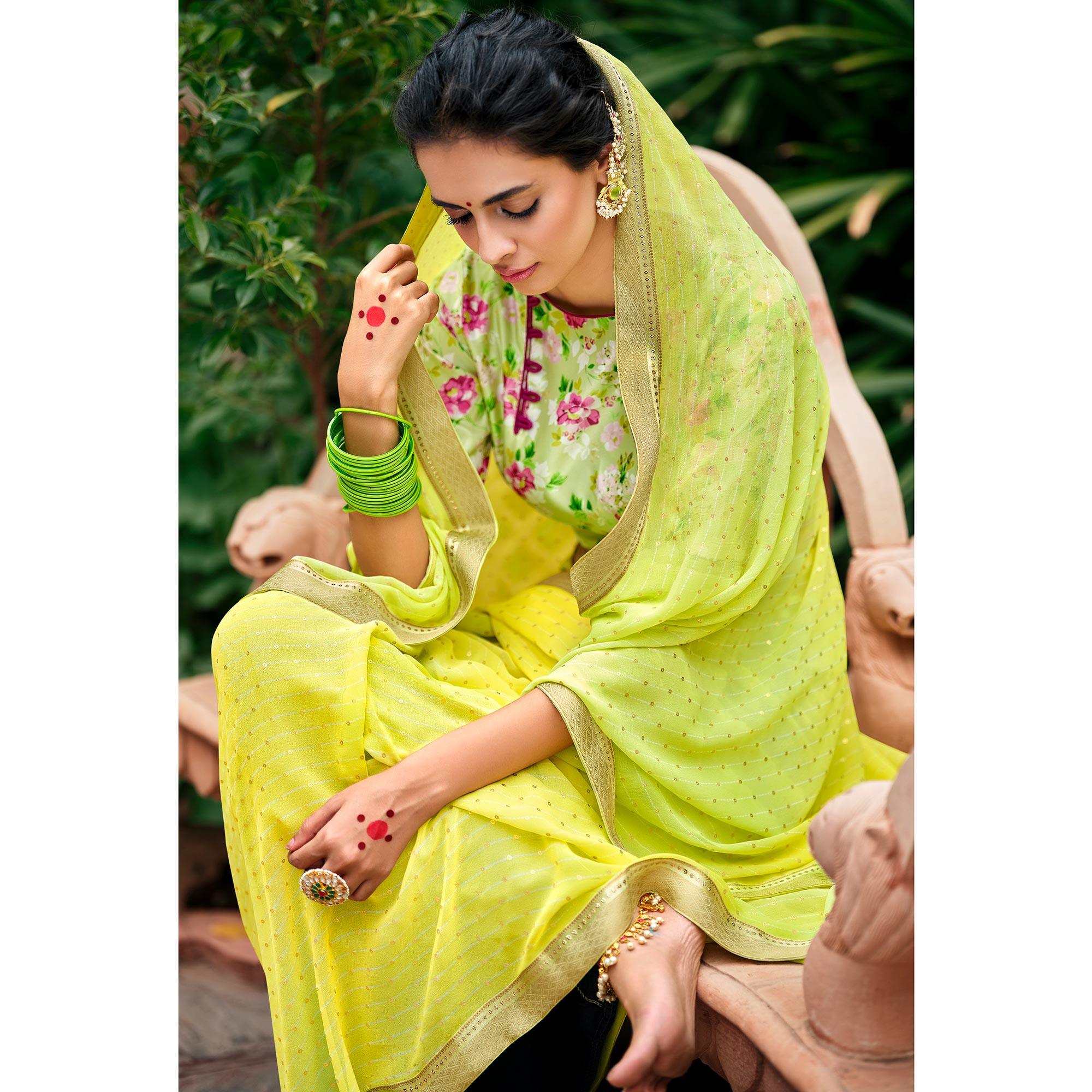 Lemon Green Casual Wear Foil Printed Georgette Saree - Peachmode