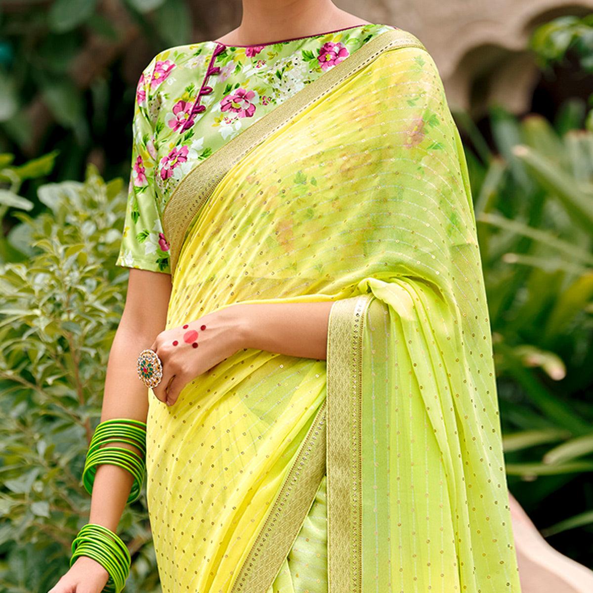 Lemon Green Casual Wear Foil Printed Georgette Saree - Peachmode