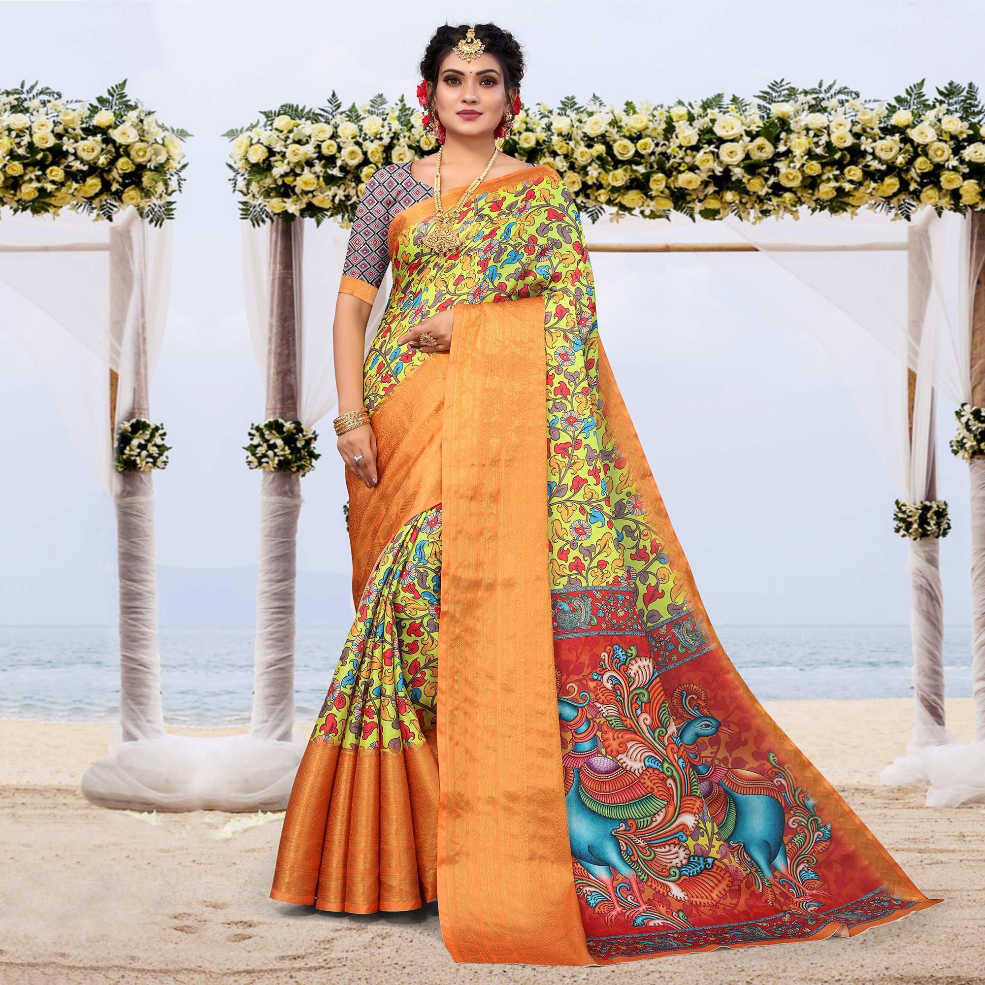 Lemon Green Digital Printed Khaadi Saree - Peachmode