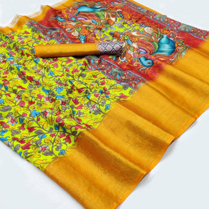 Lemon Green Digital Printed Khaadi Saree - Peachmode