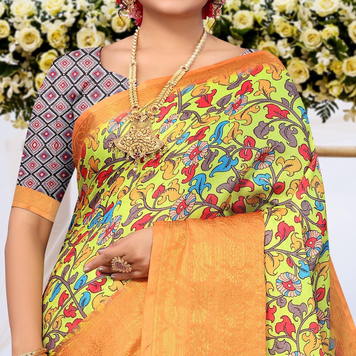 Lemon Green Digital Printed Khaadi Saree - Peachmode