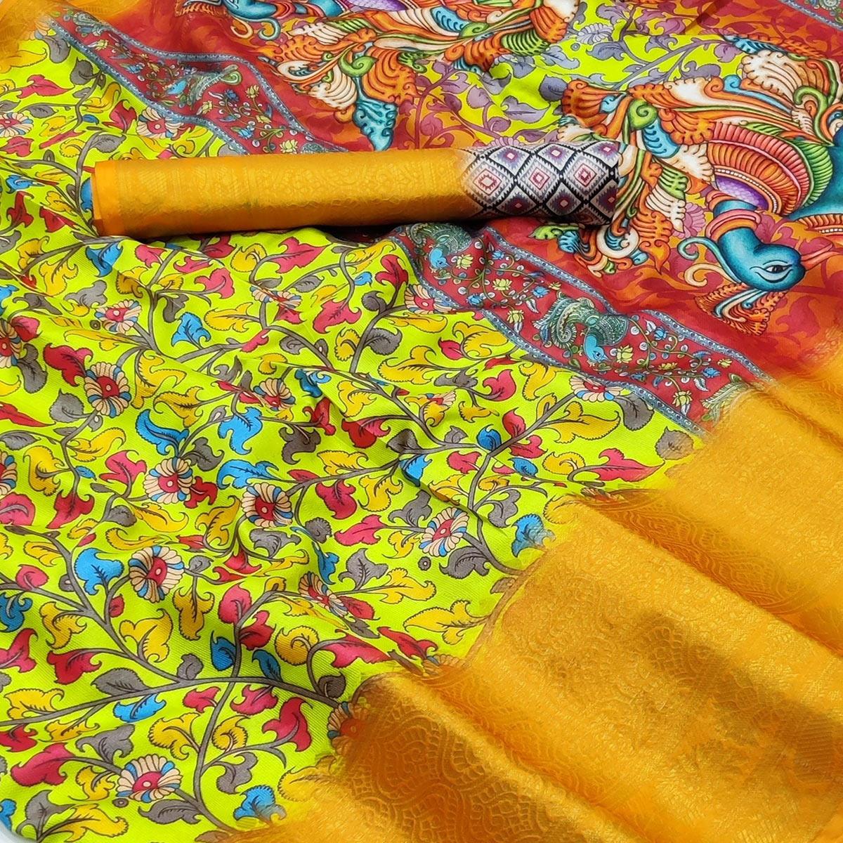 Lemon Green Digital Printed Khaadi Saree - Peachmode