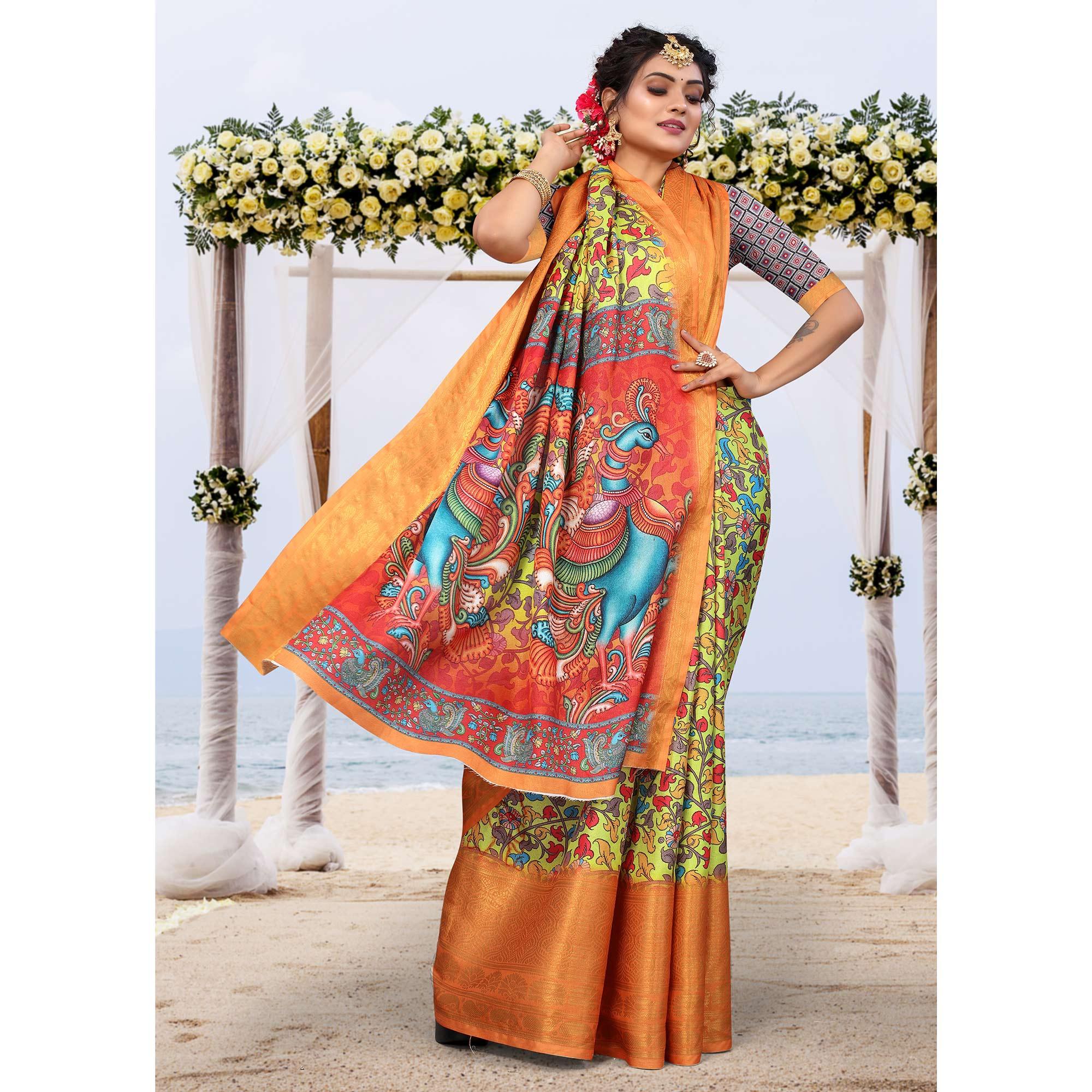 Lemon Green Digital Printed Khaadi Saree - Peachmode