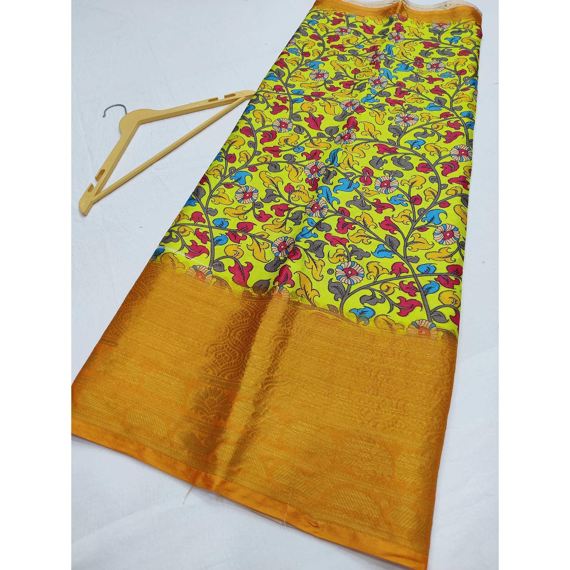 Lemon Green Digital Printed Khaadi Saree - Peachmode