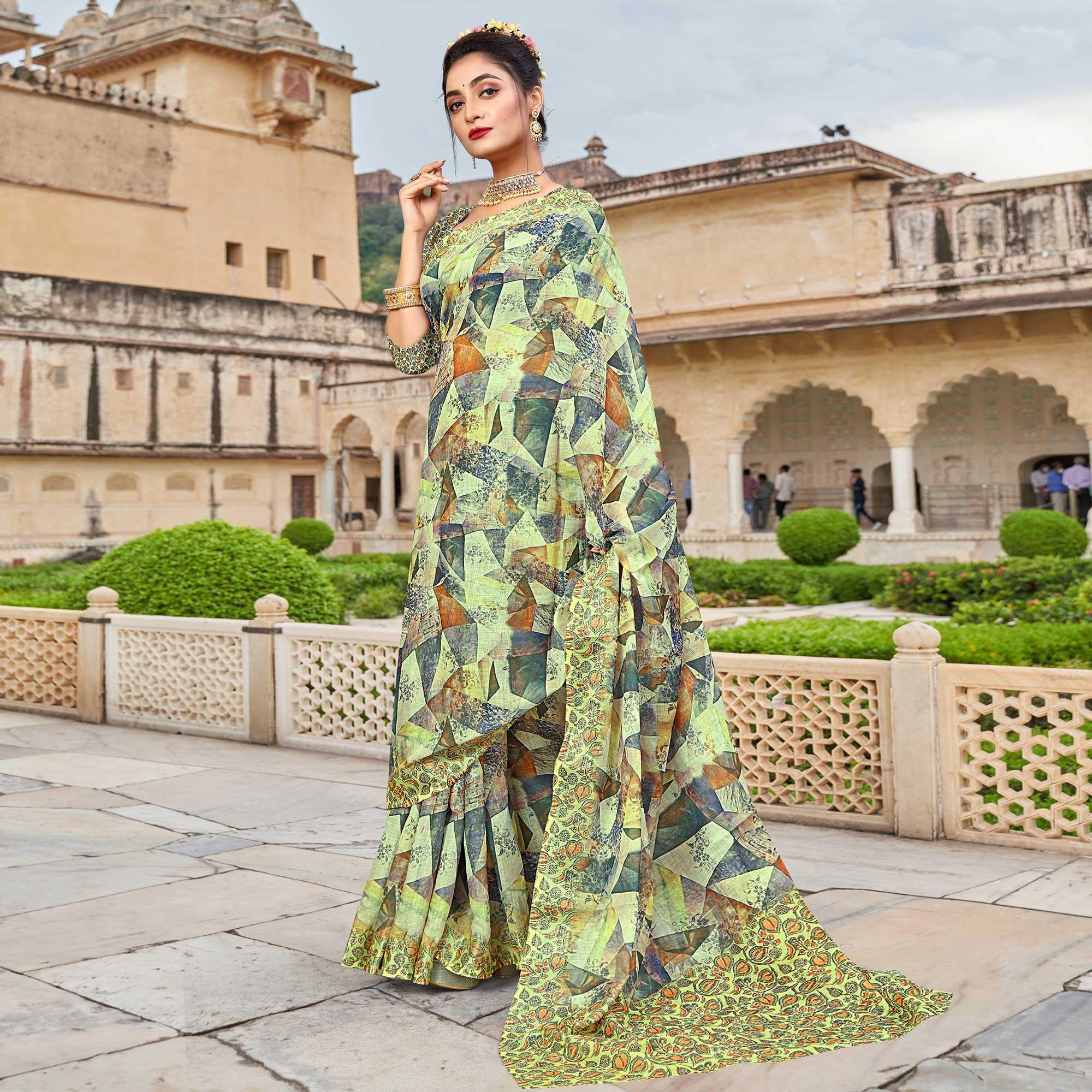 Lemon Green Digital Printed Linen Saree - Peachmode
